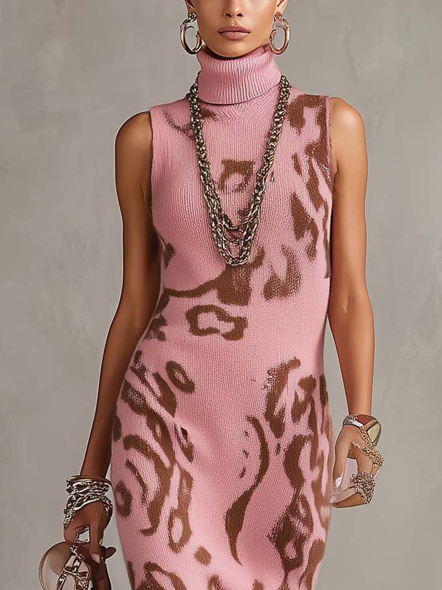 Pink Sleeveless Turtleneck Bodycon Knit Dress With Leopard Print