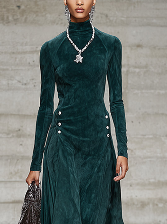Green Faux Suede Midi Dress With High Neck And Button Detail