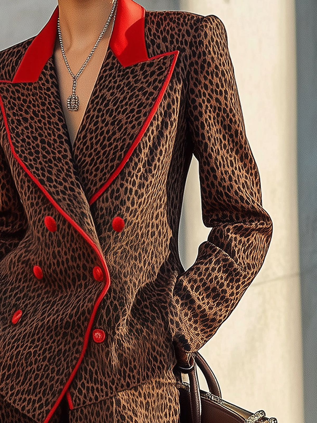 Brown Leopard Print Double Breasted Blazer With Red Contrast Trim