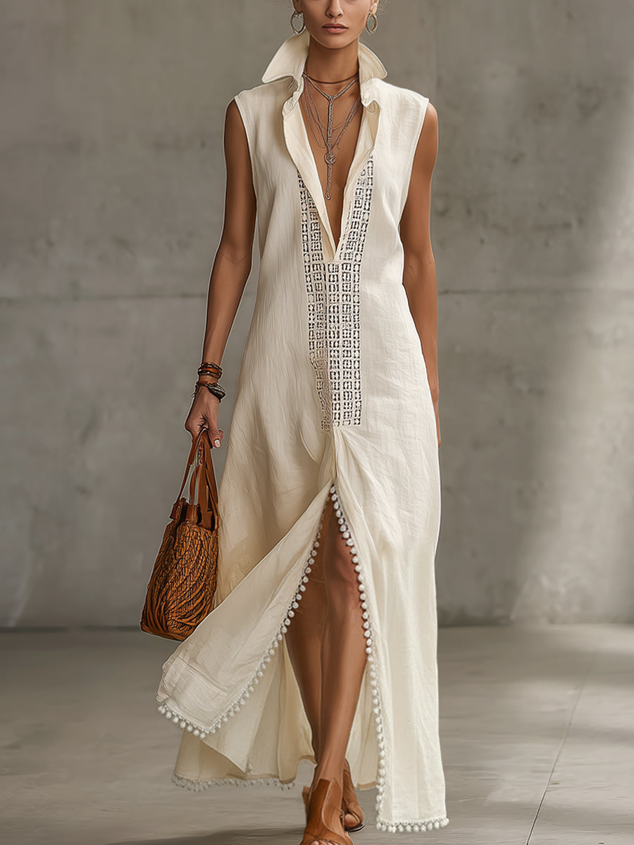 Ivory Sleeveless V-Neck Embroidered Linen Blend Maxi Dress