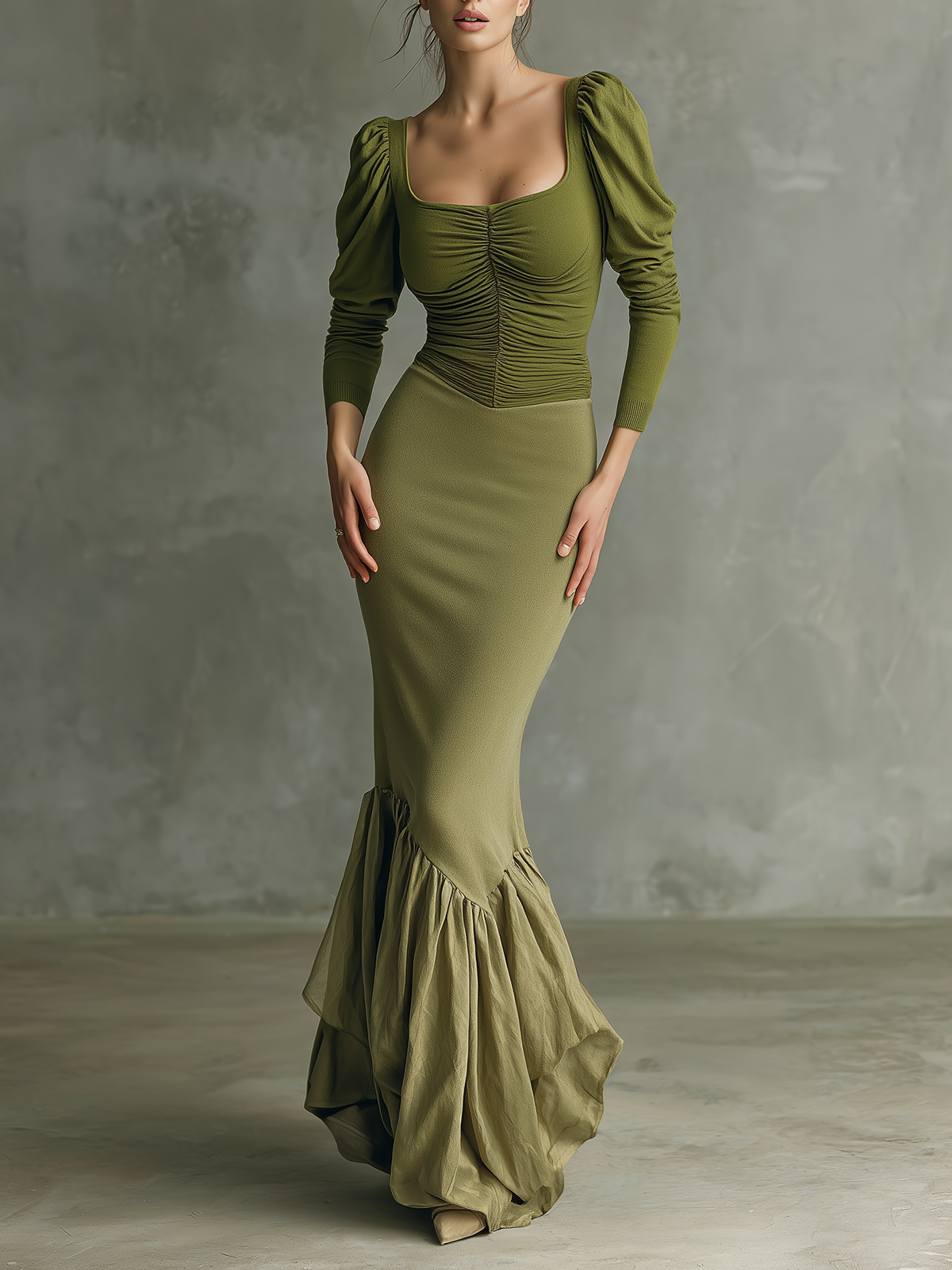 Olive Green Puff Sleeve Maxi dress