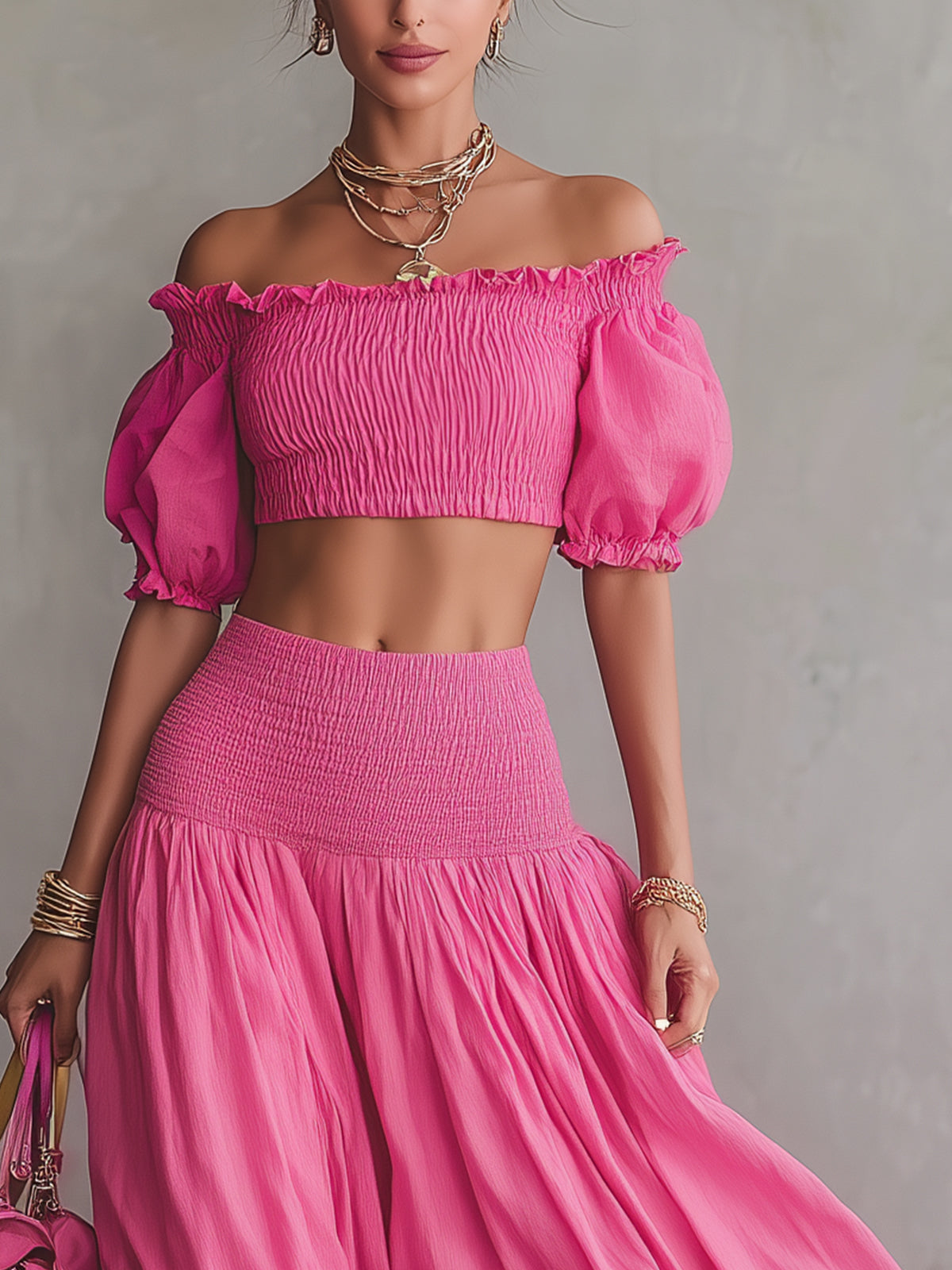Rose Off-Shoulder Puff Sleeve Smocked Crop Top & Flowy Maxi Skirt Set