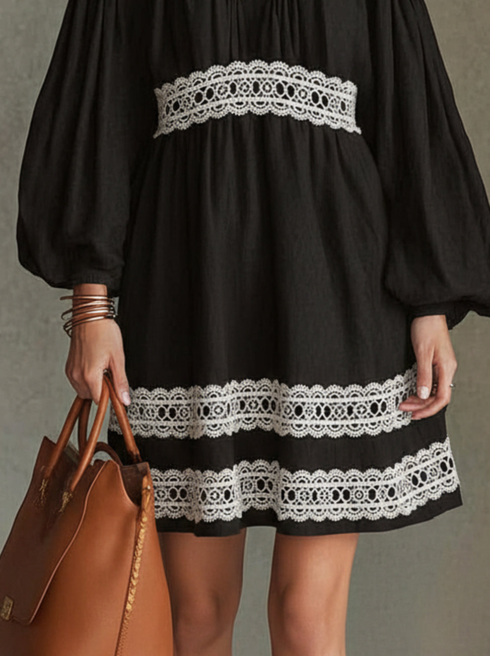 Black Puff-Sleeve Mini Dress With White Crochet Lace Trim