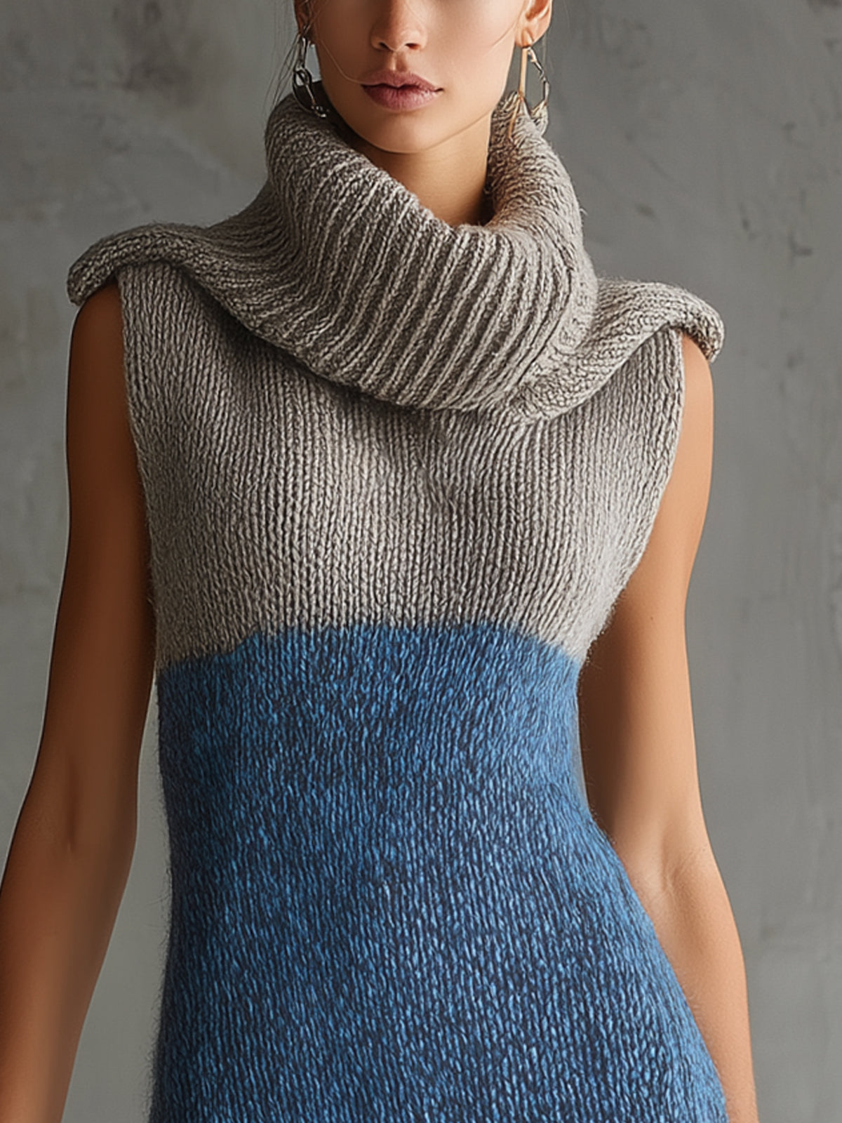 Two-Tone Sleeveless Knit Mini Dress With Oversized Cowl Neck And Fringe Hem