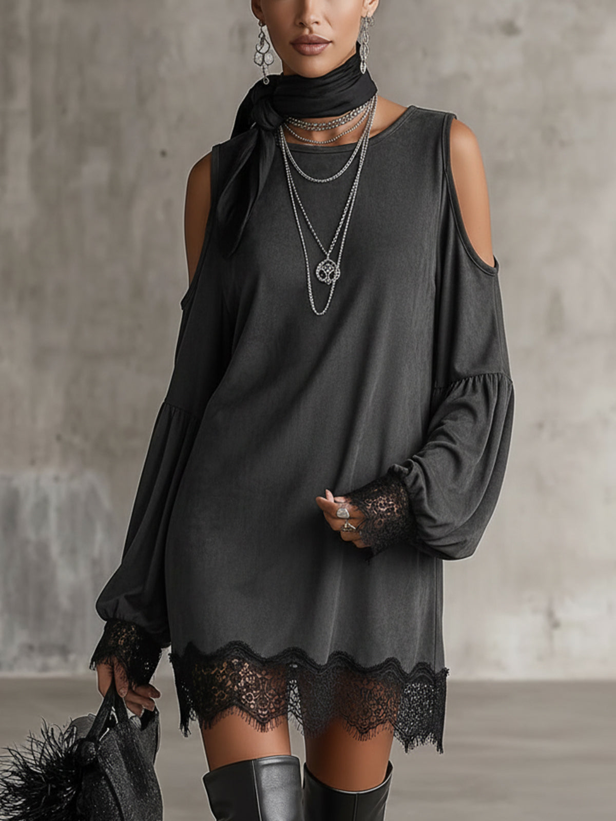 Gray Faux Suede Cold‑Shoulder Long Sleeve Dress With Lace Trim