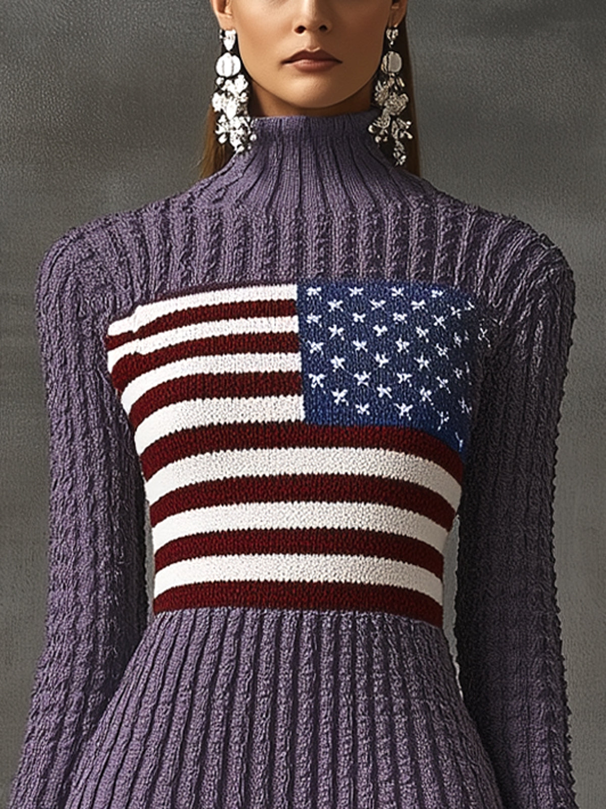 Purple Ribbed Knit American Flag Motif High Neck Long Sleeve Mini Dress