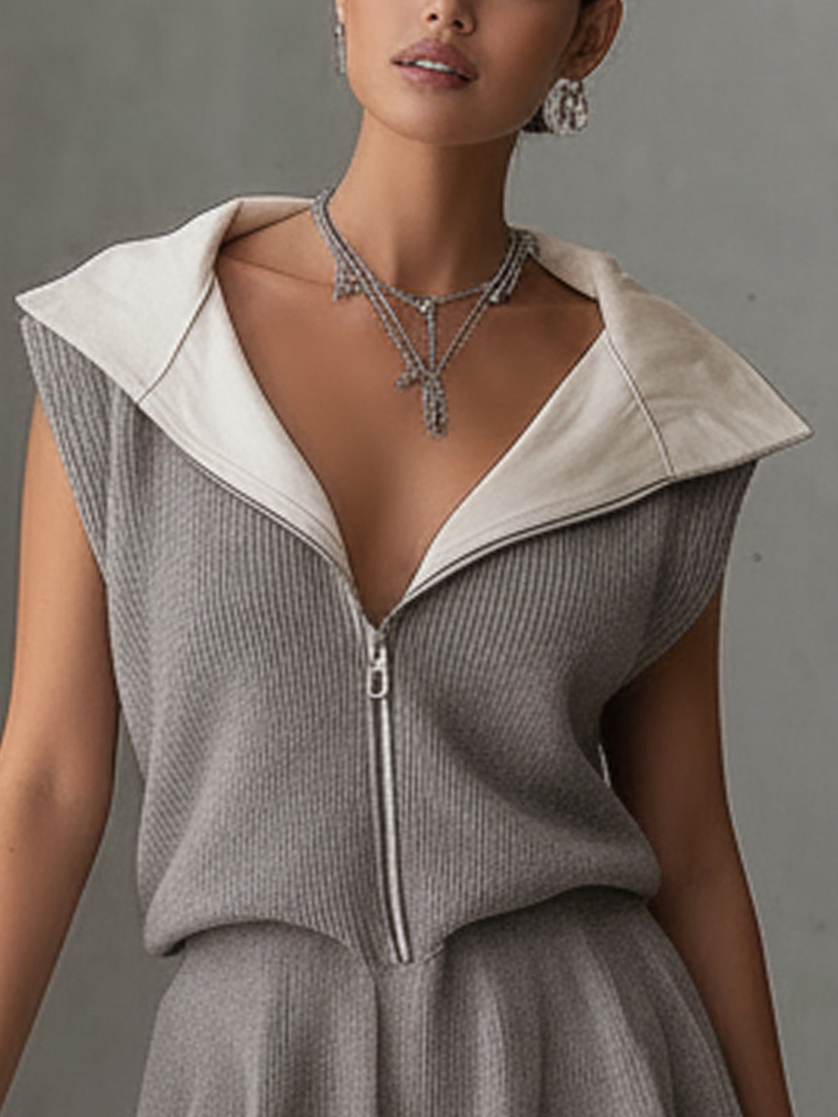 Gray Zip-Front Mini Dress With Contrast Collar And Fringe Hem