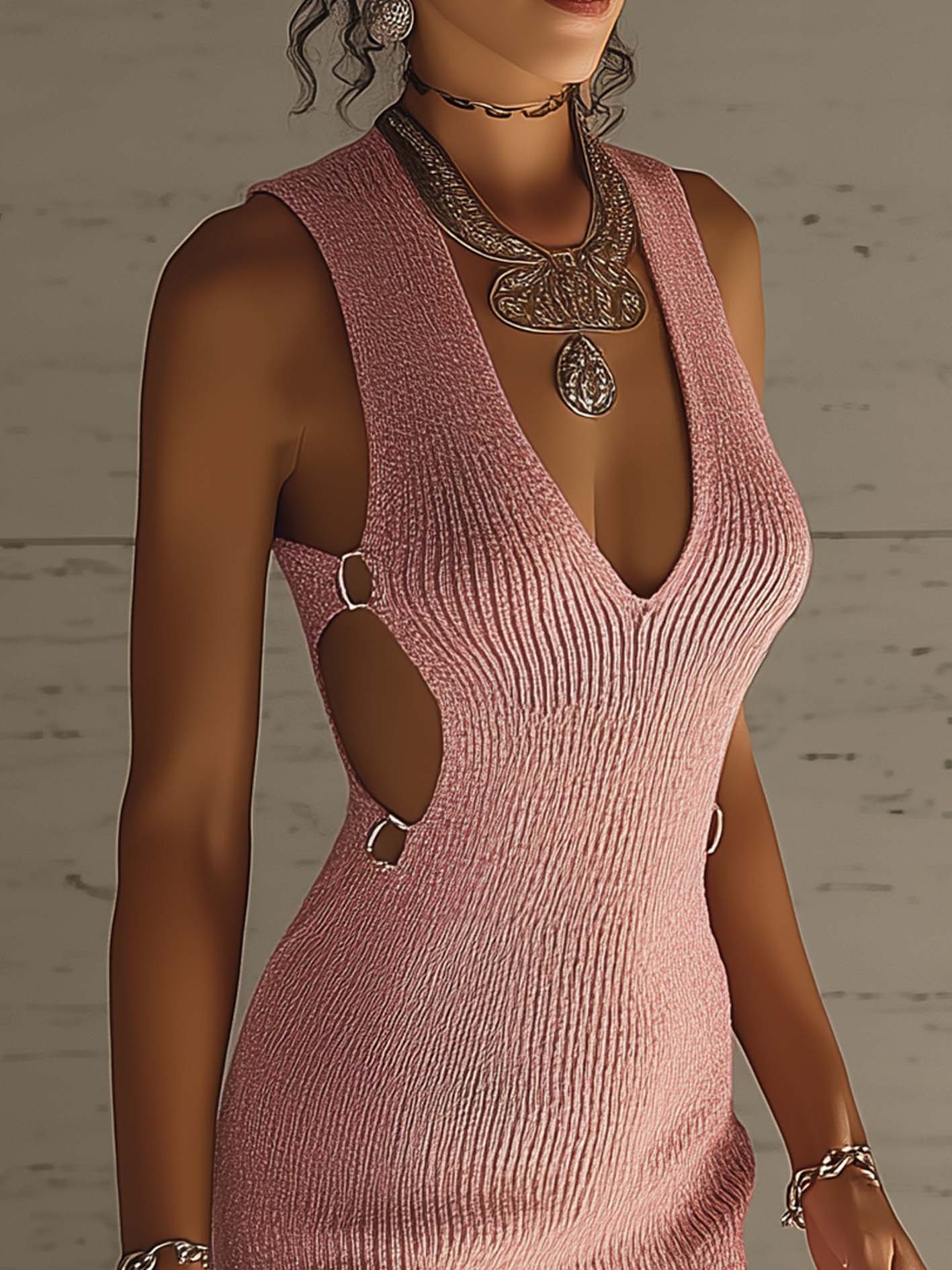 Pink Knit Ring Detail Side Cutout Bodycon Mini Dress