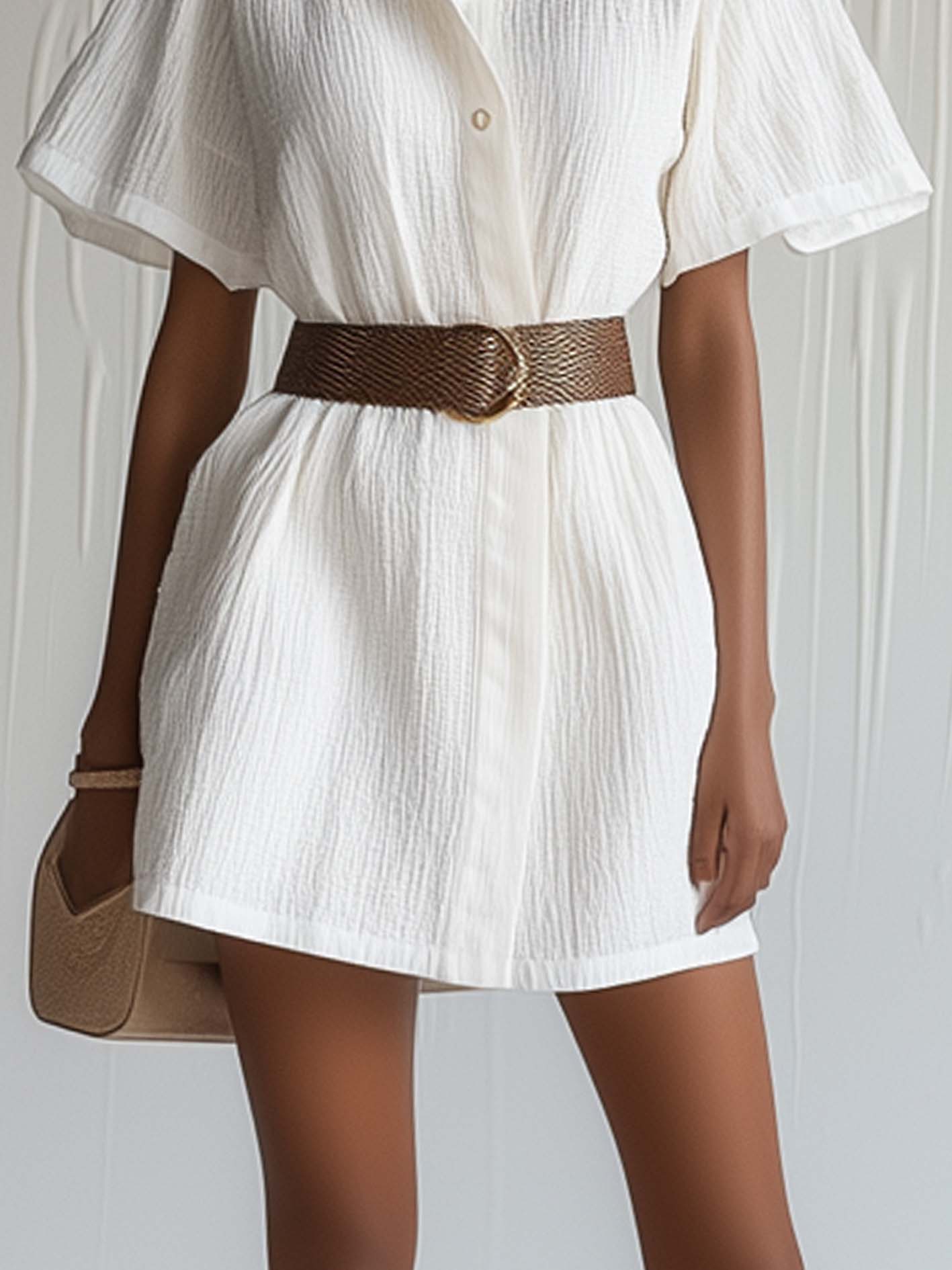 Simple White Mini Shirt Dress In Textured Fabric With Belt