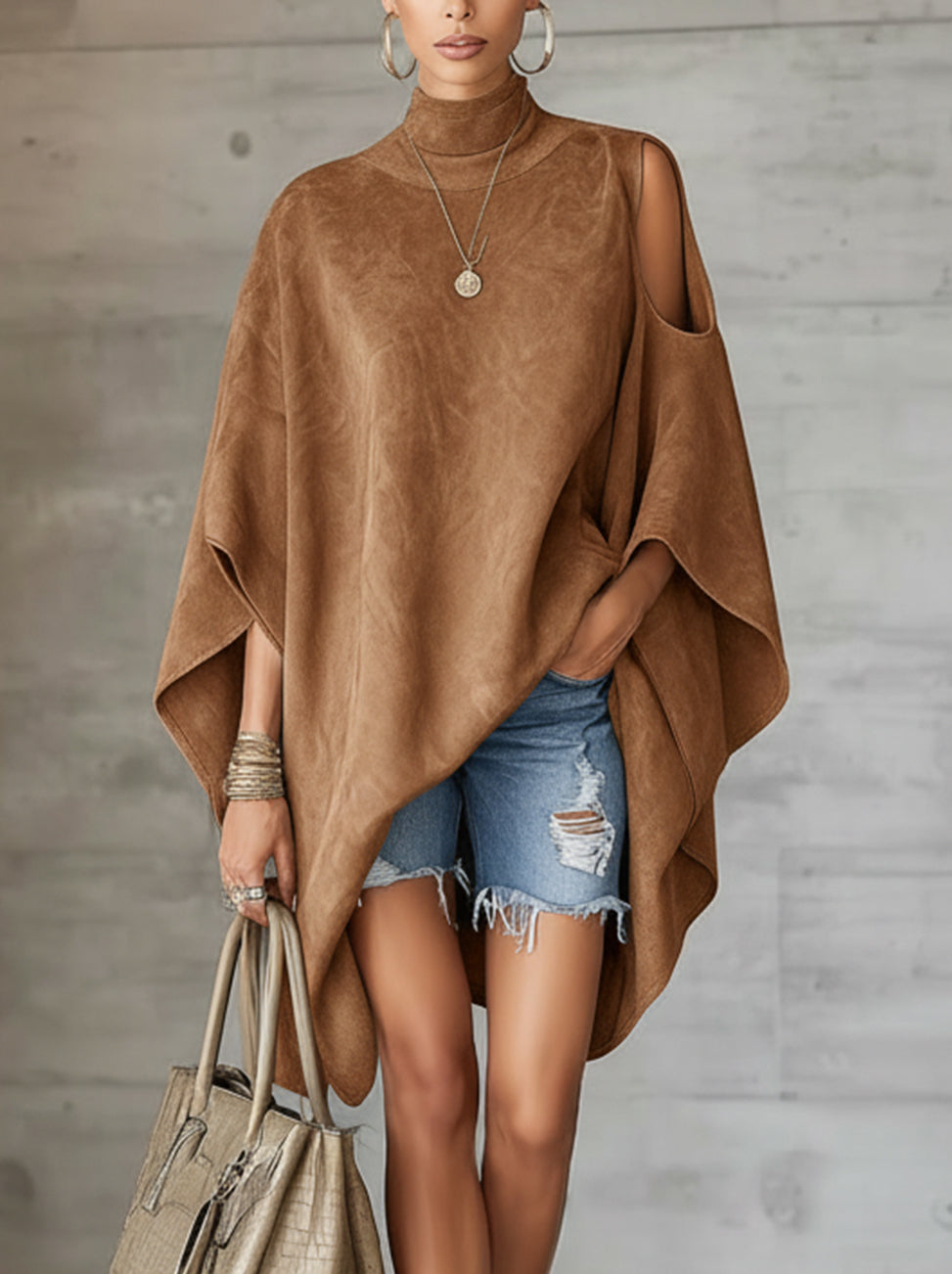 Camel Faux Suede High-Neck Poncho Top with Cutout Shoulder