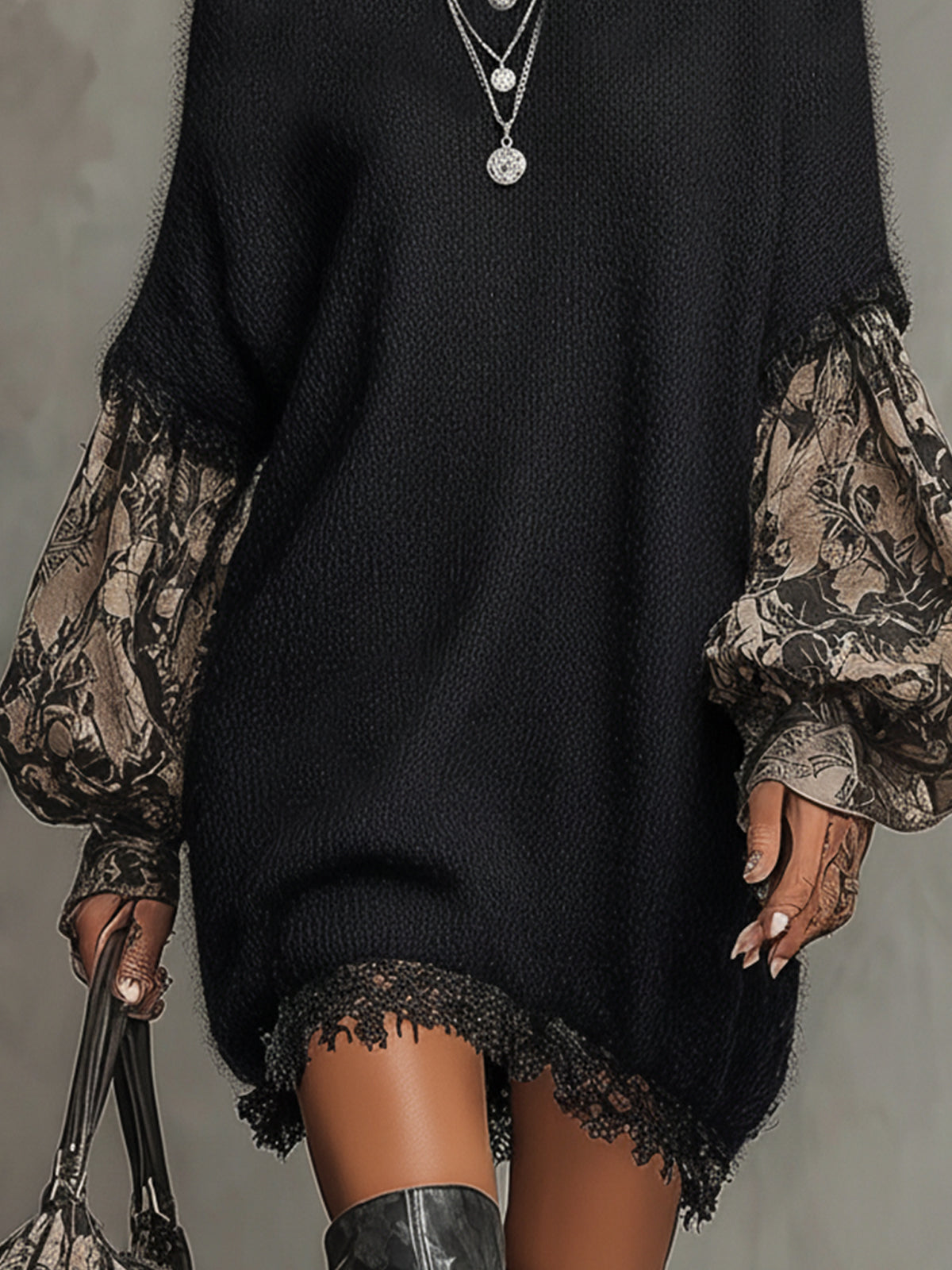 Black Lace Hem Knit Dress With Floral Chiffon Balloon Sleeves