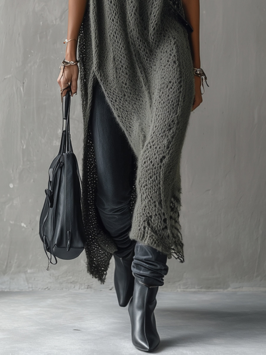 Gray Green Knit Sleeveless Turtleneck Maxi Dress