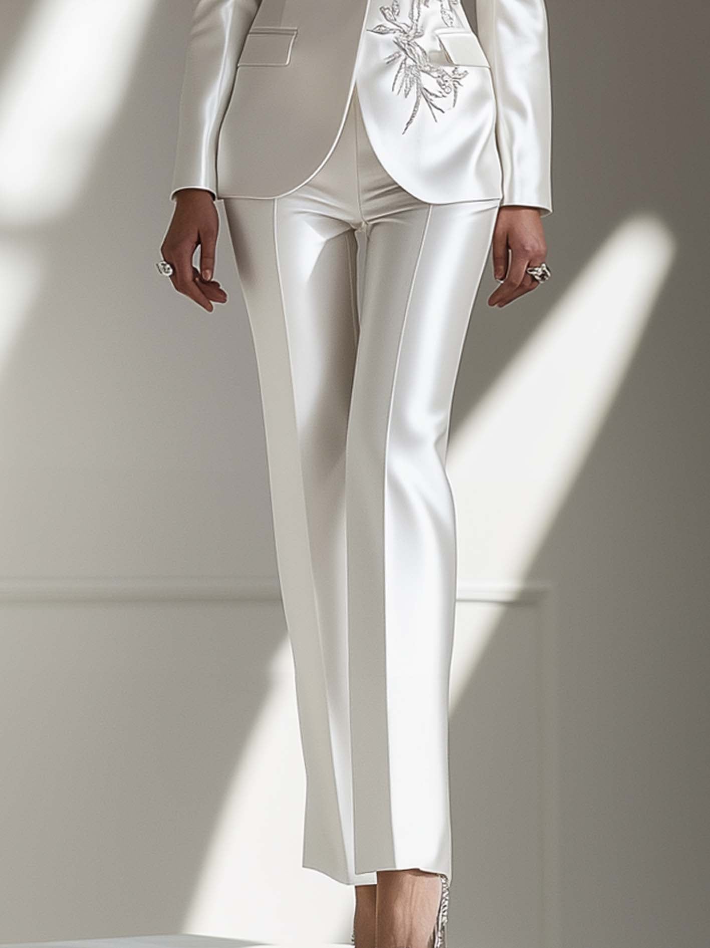 White Satin Suit With Silver Botanical Embroidery