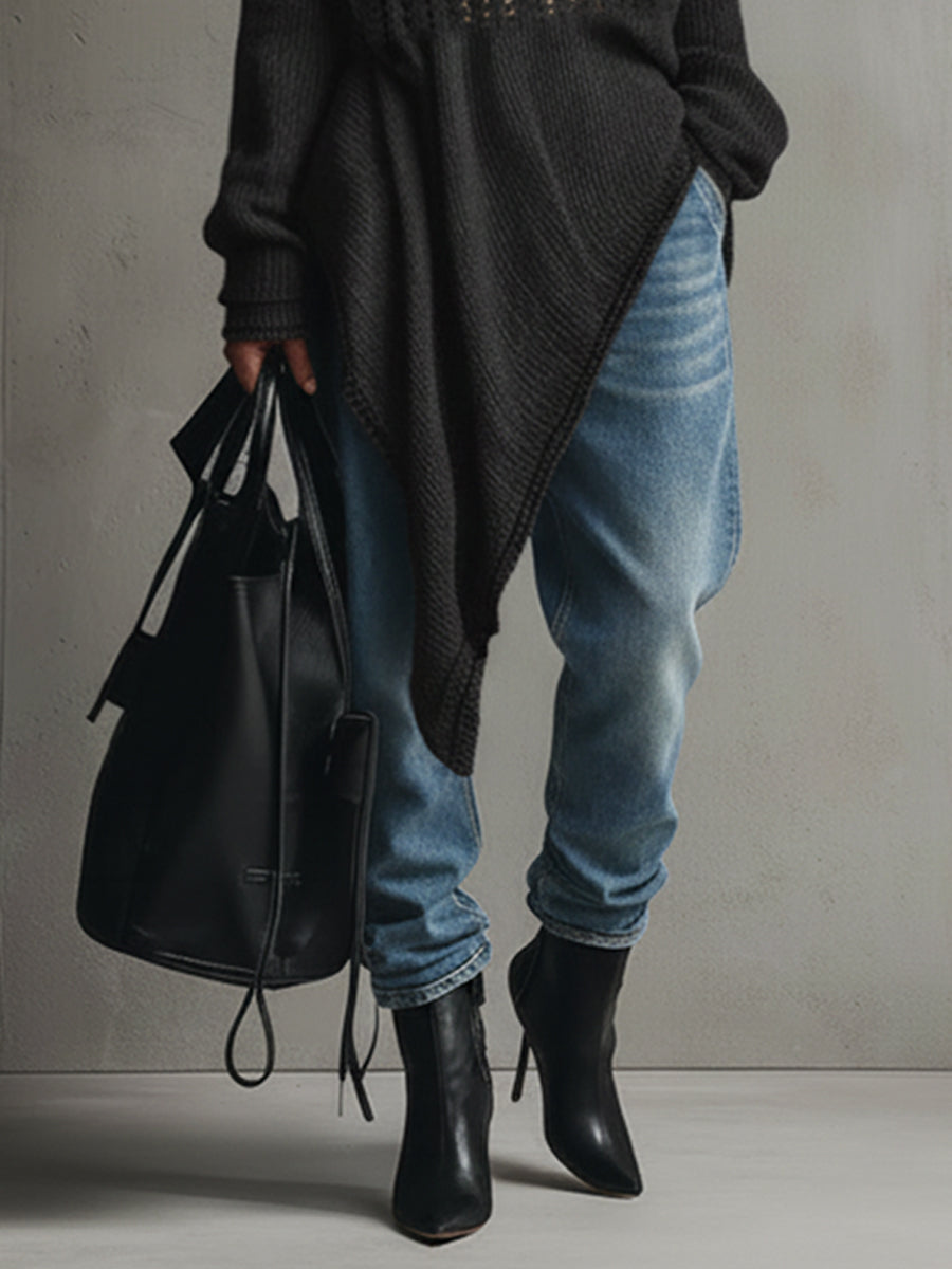 Black Lightweight Open Knit Midi Dress With Asymmetrical Hem