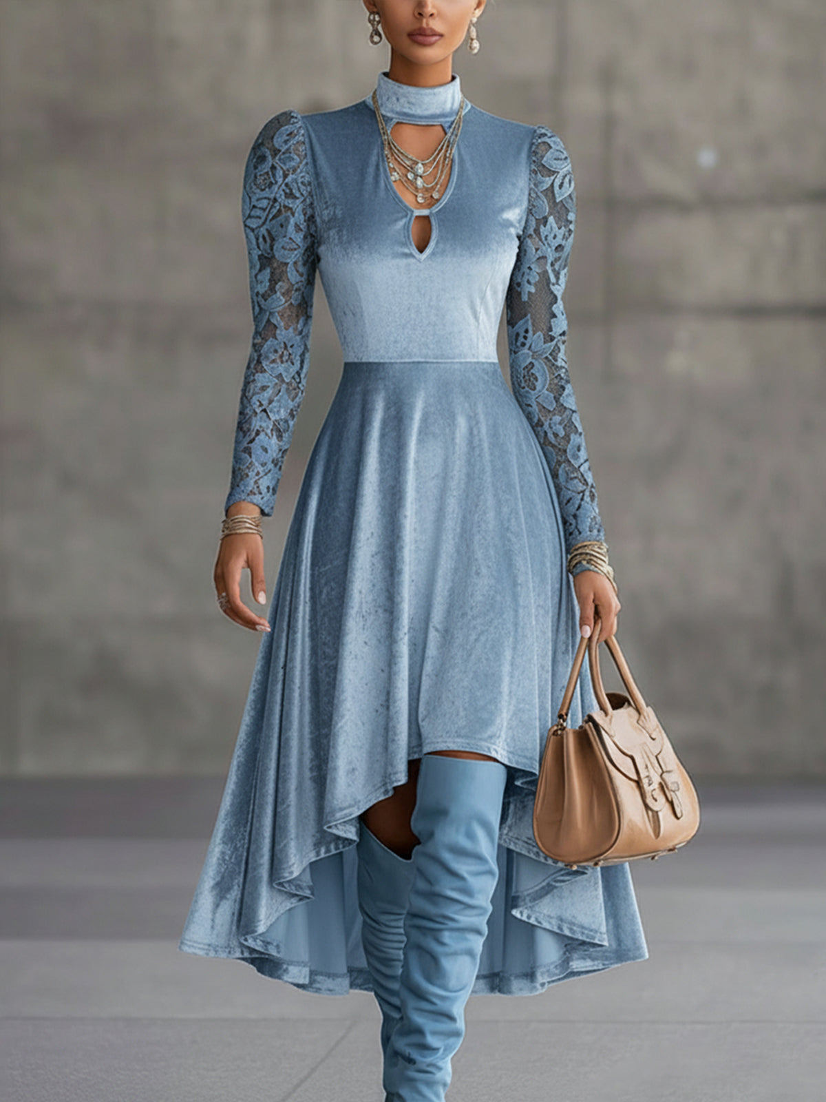 Blue Velvet High-Low Dress With Lace Sleeves And Keyhole Neckline