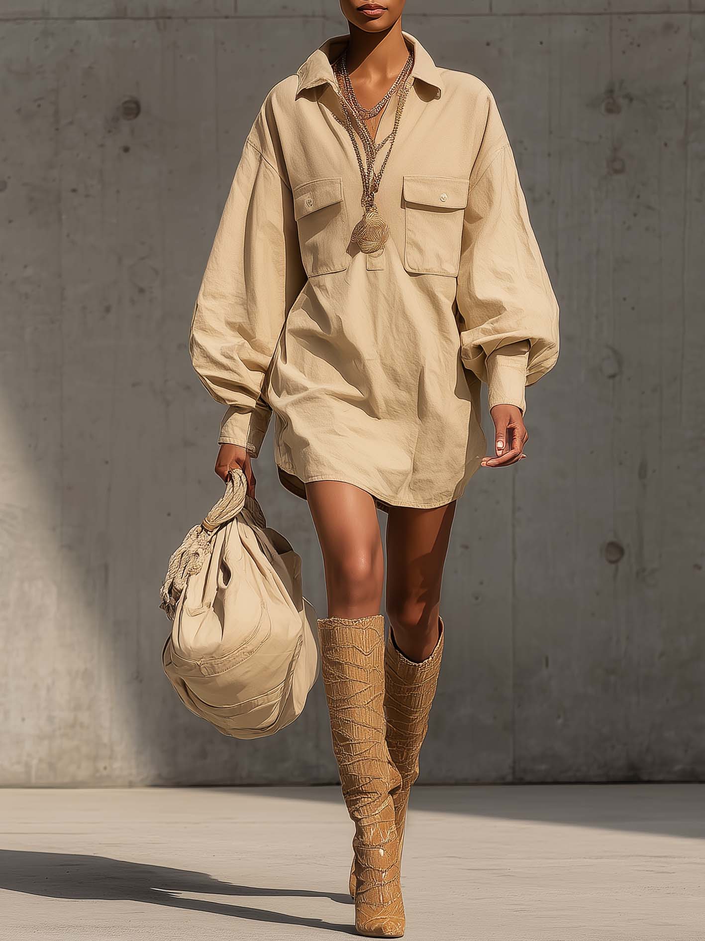 Beige Cotton Linen Shirt Collar Pocket Loose Mini Dress