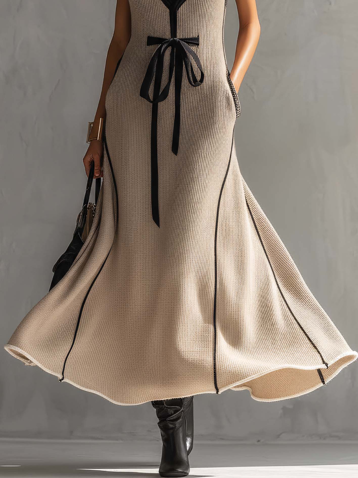 Oatmeal Knit Sleeveless Maxi Dress With Black Trim And Waist Tie