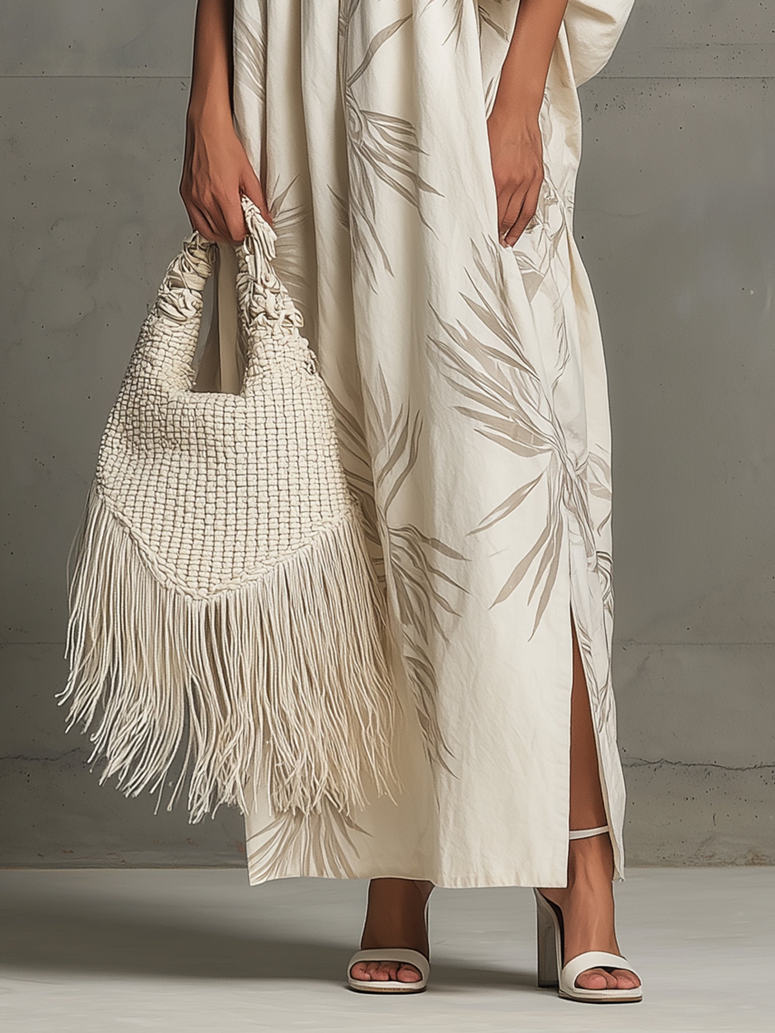 White Asymmetrical Elastic Cotton Print Maxi Dress