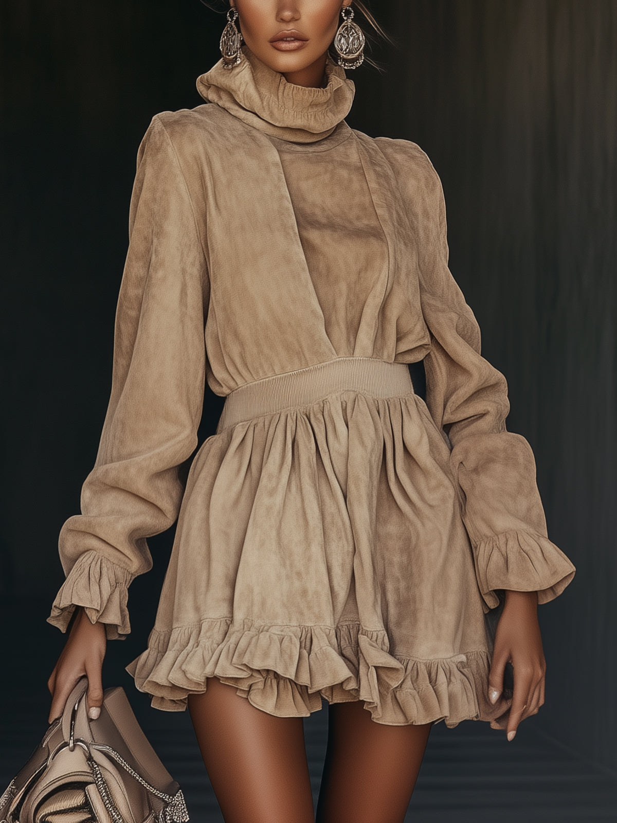 Khaki Ruffle Hem High-Neck Dress With Elastic Wais