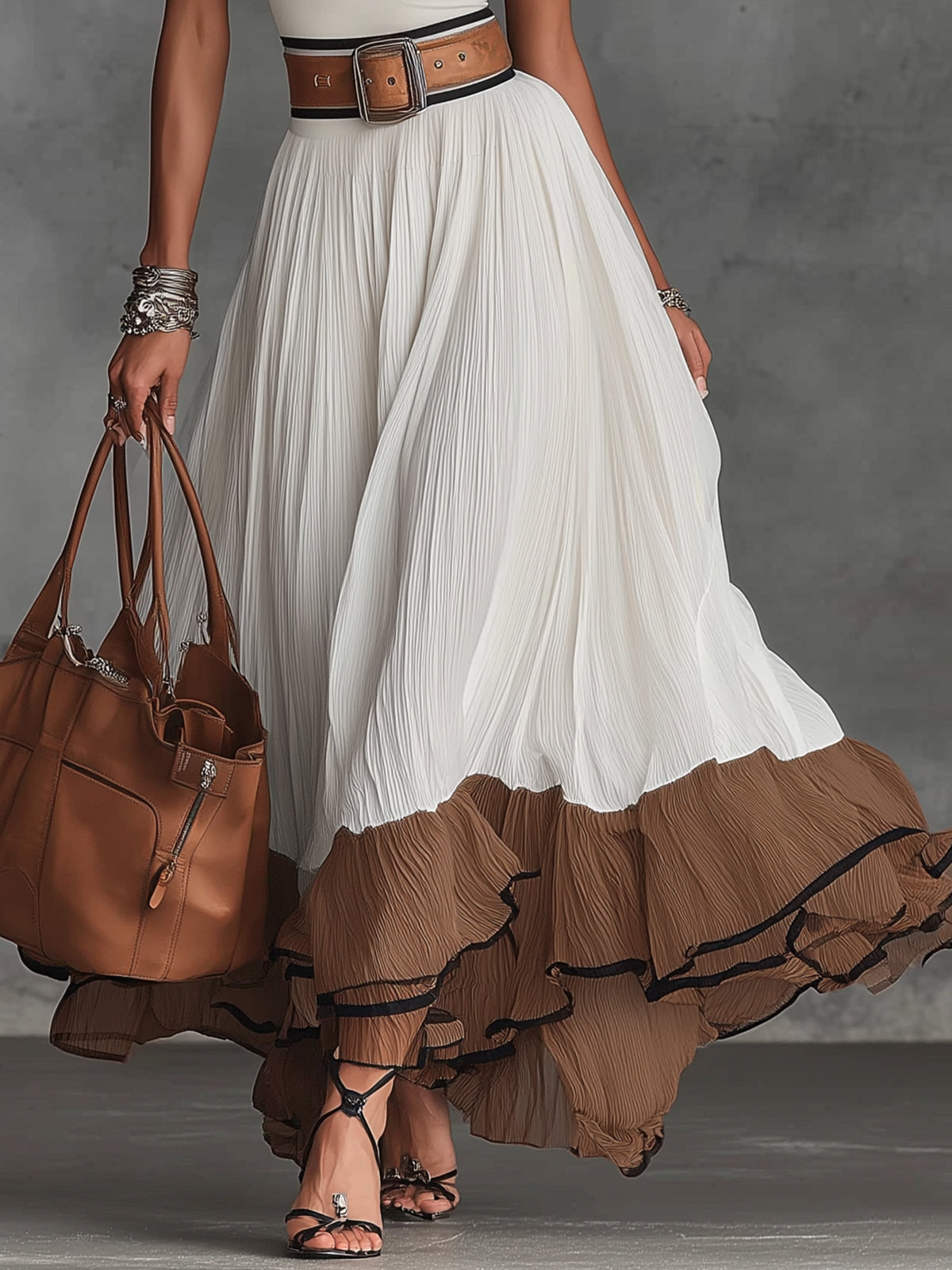 White Sleeveless Pleated Maxi Dress With Contrasting Brown Ruffled Hem