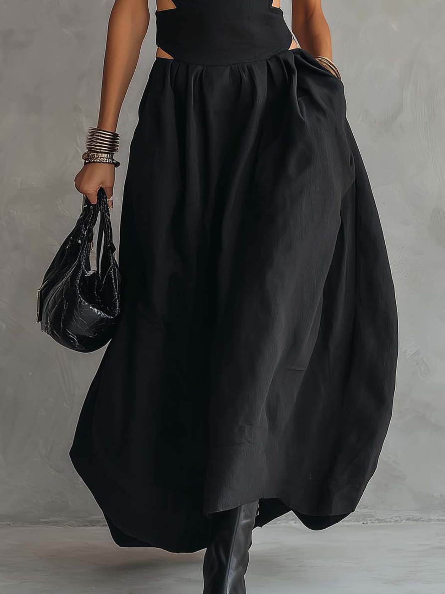 Black Cotton Linen Sleeveless Cutout Waist Maxi Dress