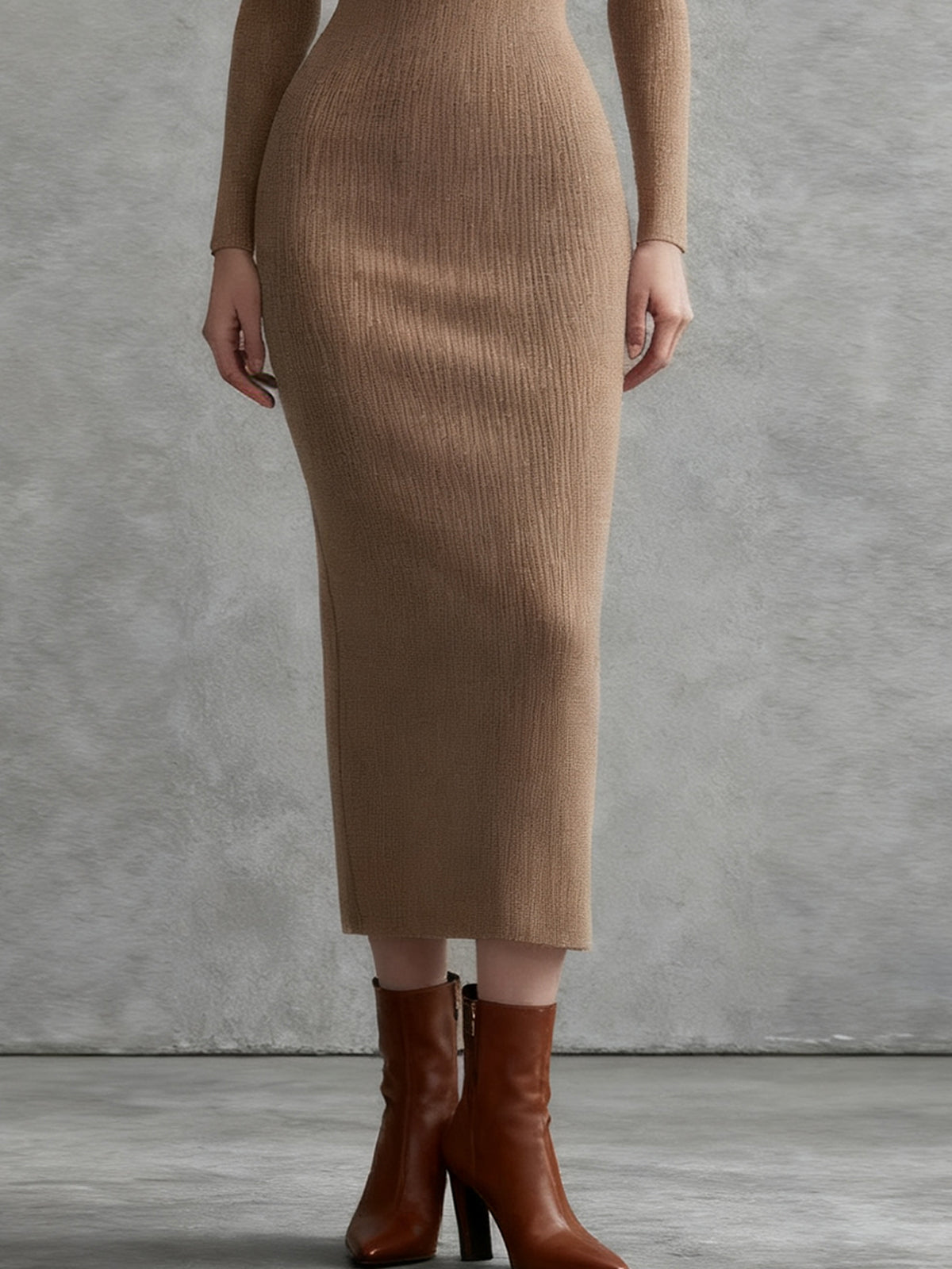 Camel Knit Midi Dress With Puff Sleeves And Turtleneck