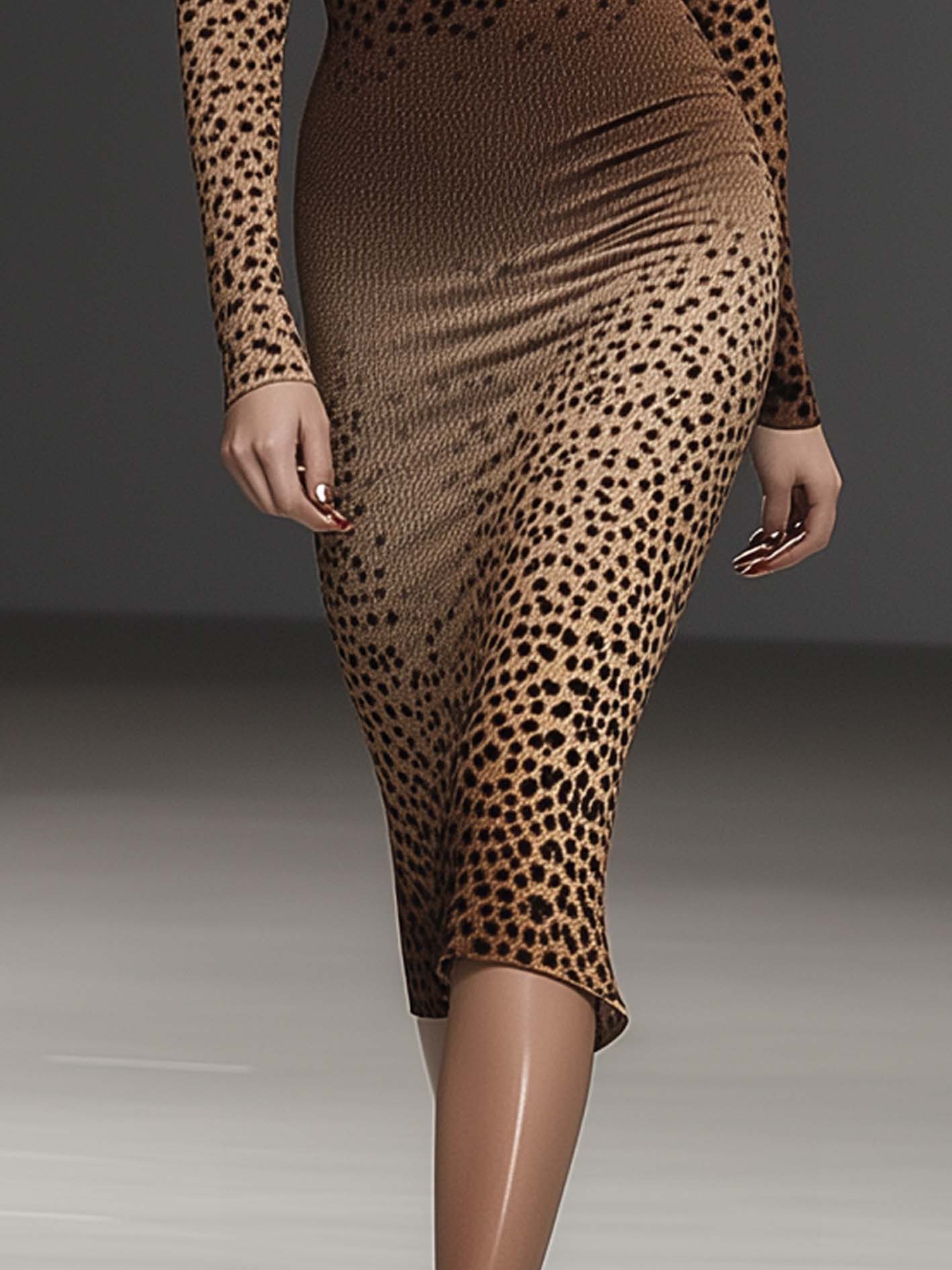 Gradient Brown Leopard Print Knitted Midi Bodycon Dress With Twist