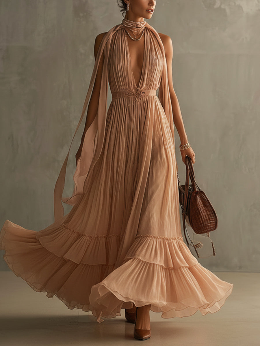 Pink Chiffon Ruffle Maxi Dress With Satin Tie