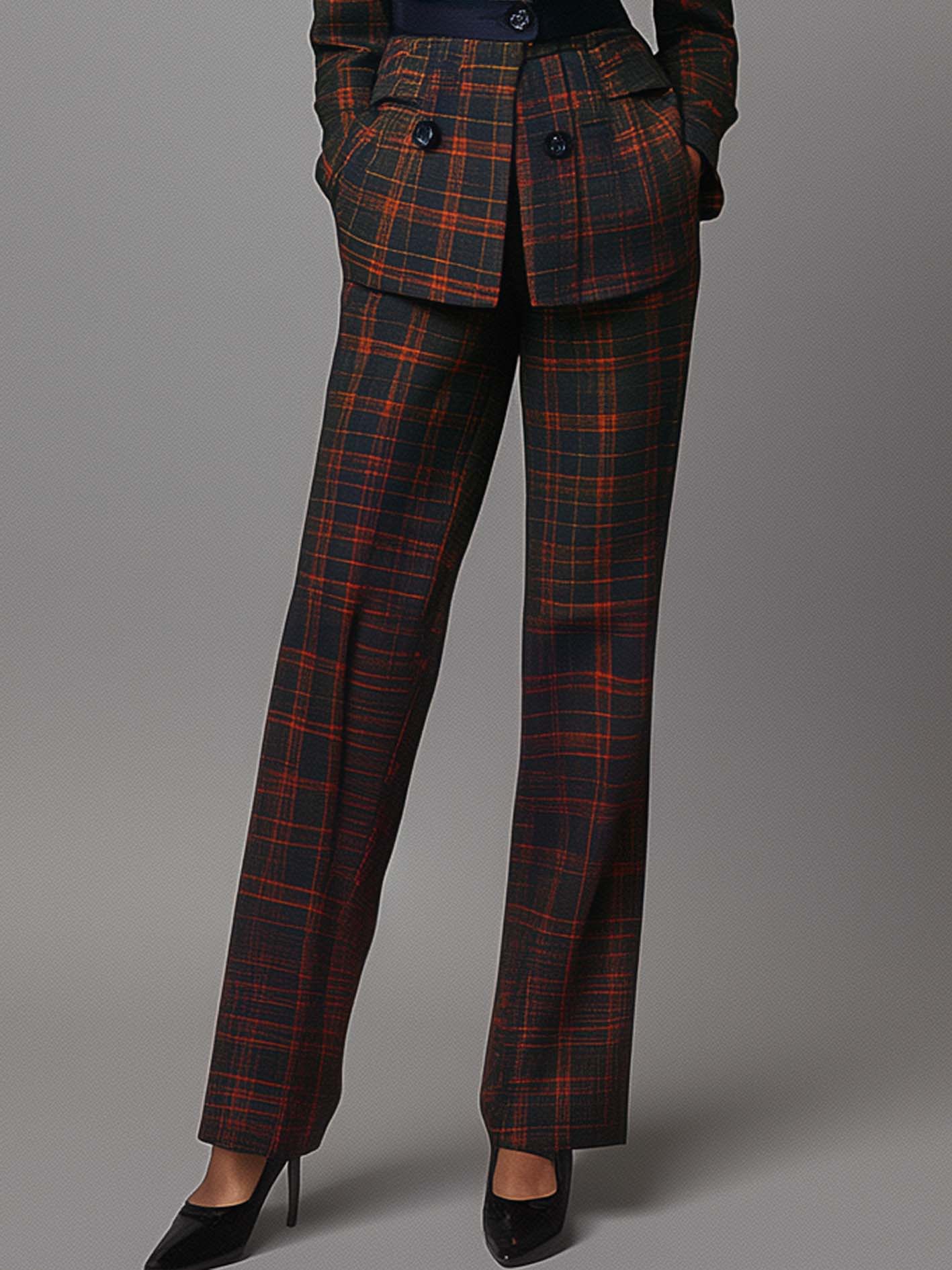 Dark Blue Suit With Orange And Brown Plaid