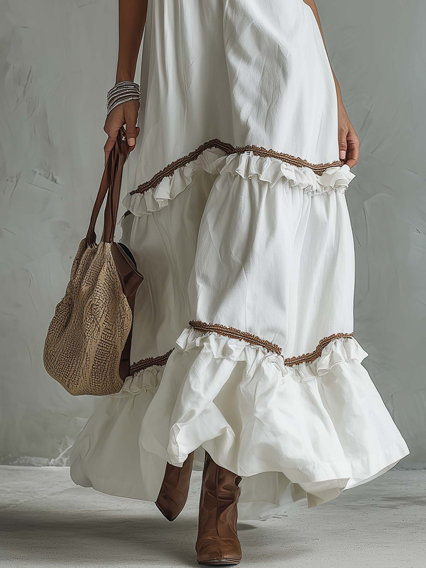 White Cotton Linen Ruffled Lace Trim Sleeveless Maxi Dress