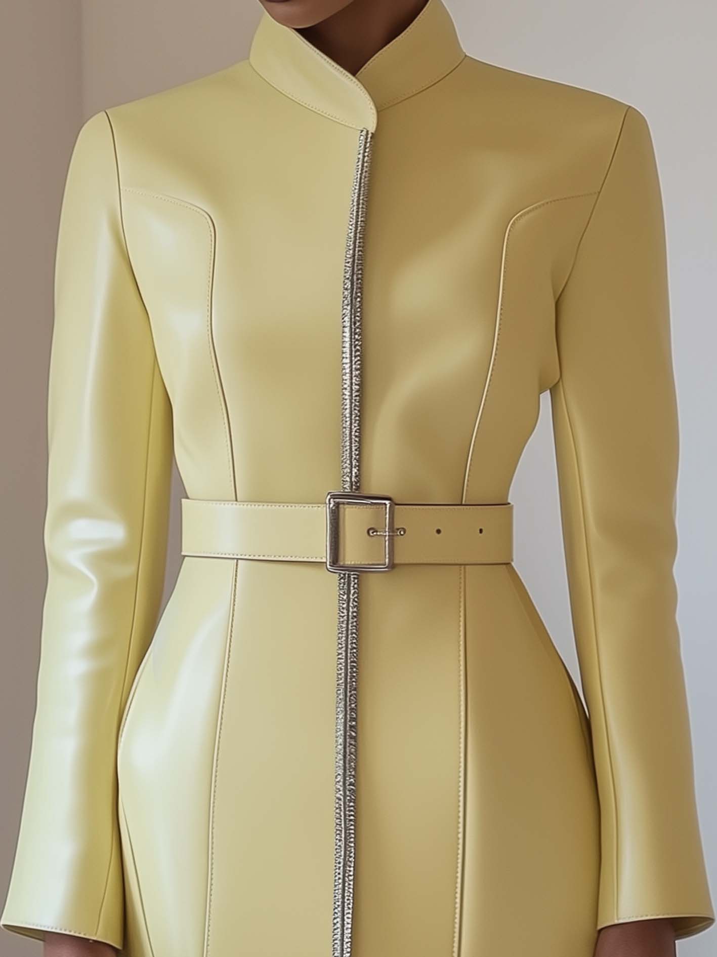 Cream Yellow Faux Leather Jacket With Belt And Silver Web