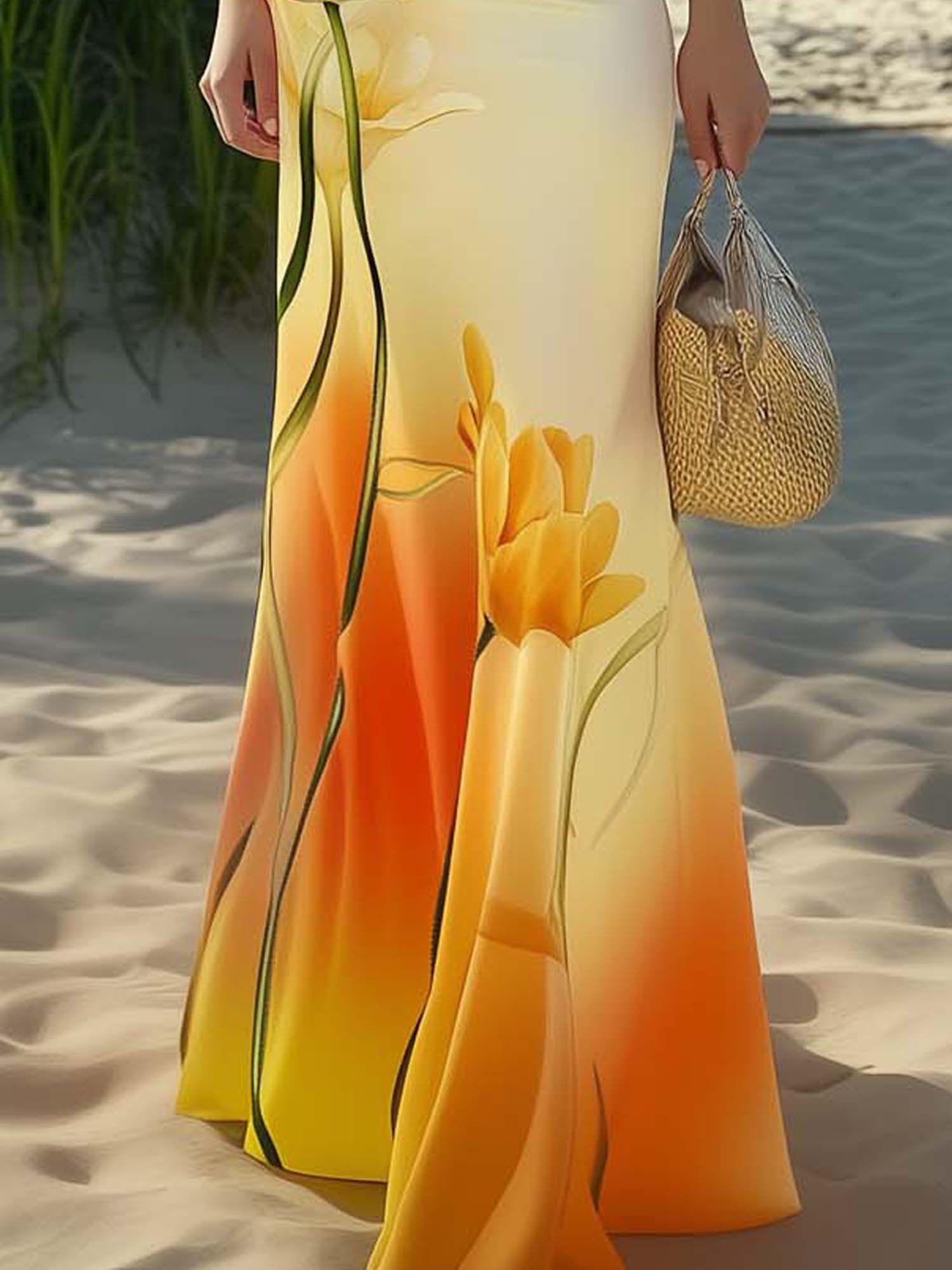 Light Yellow Satin Maxi Dress With Gradient Tulips