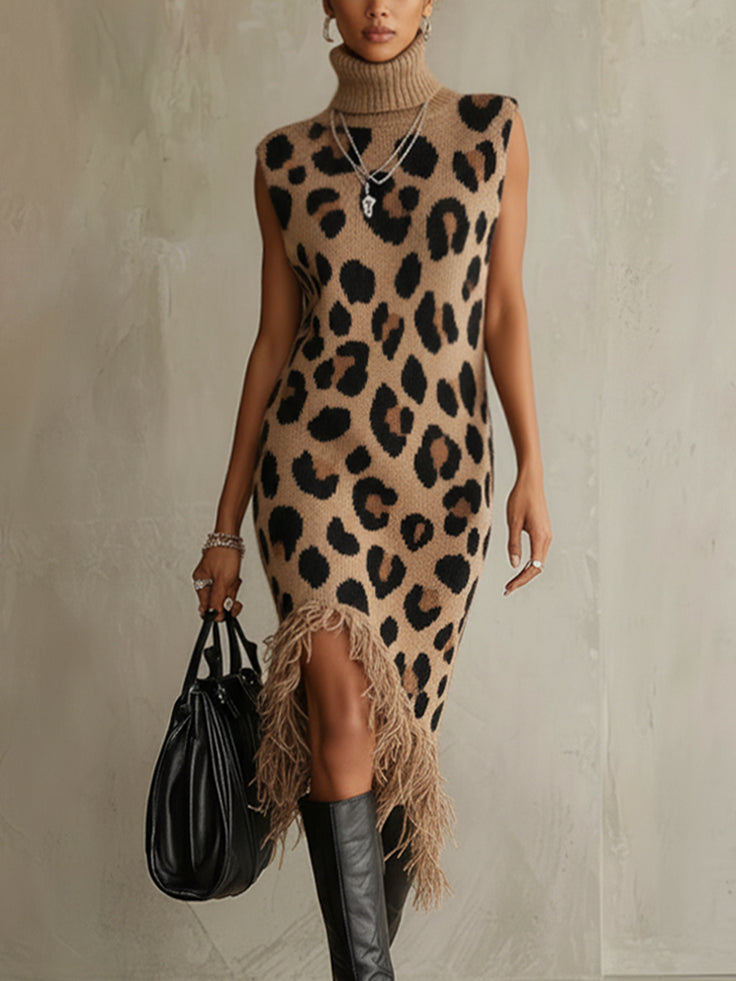 Brown Leopard Print Sleeveless Turtleneck Midi Dress With Fringe