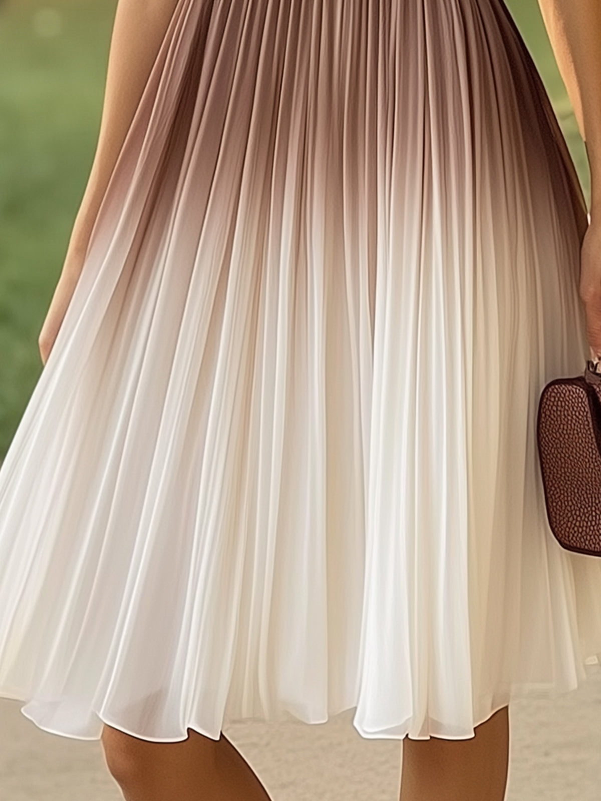 Round Neck Pleated Ombre Chiffon Midi Dress