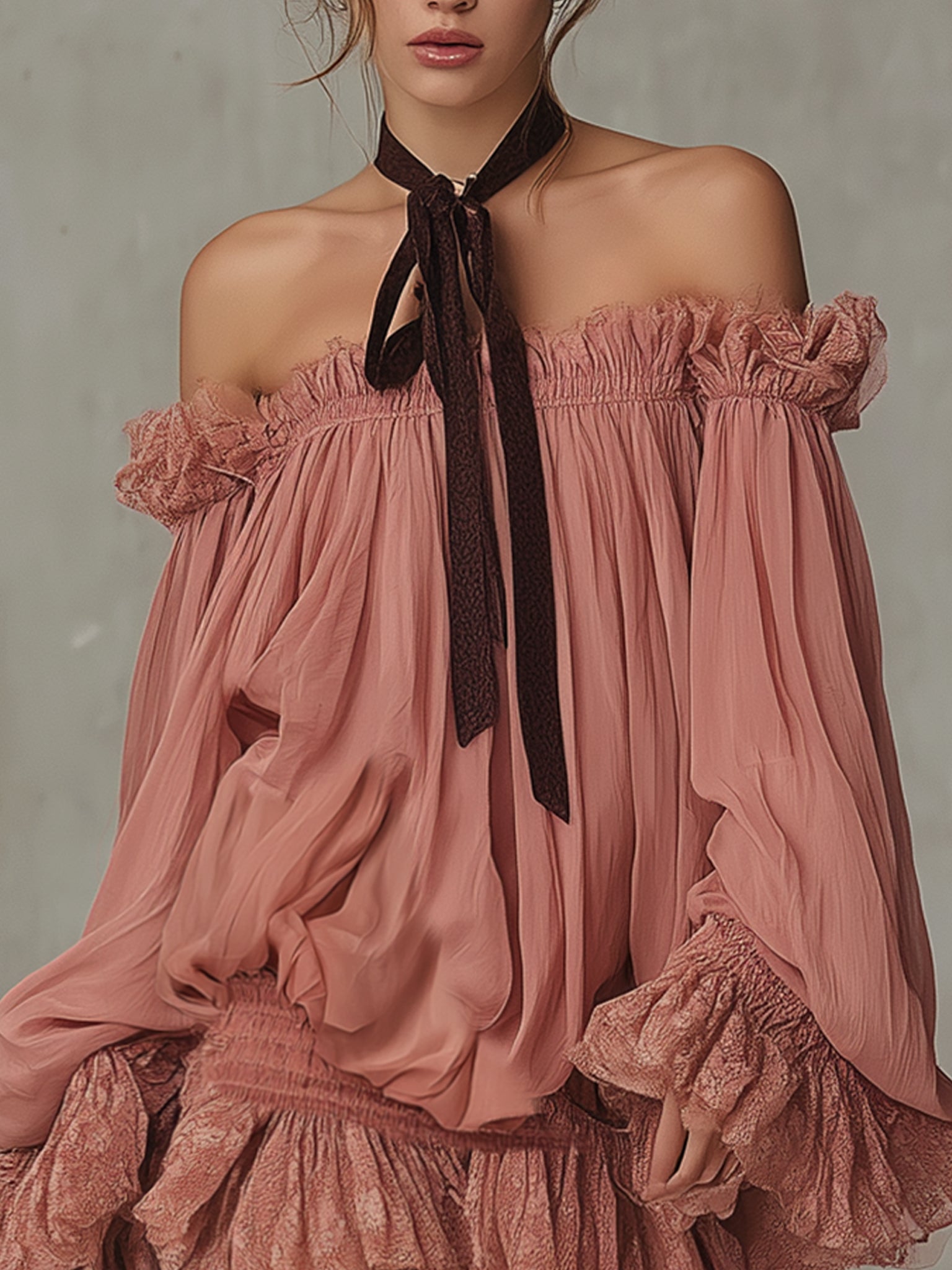 Pink Off Shoulder Chiffon And Lace Mini Dress