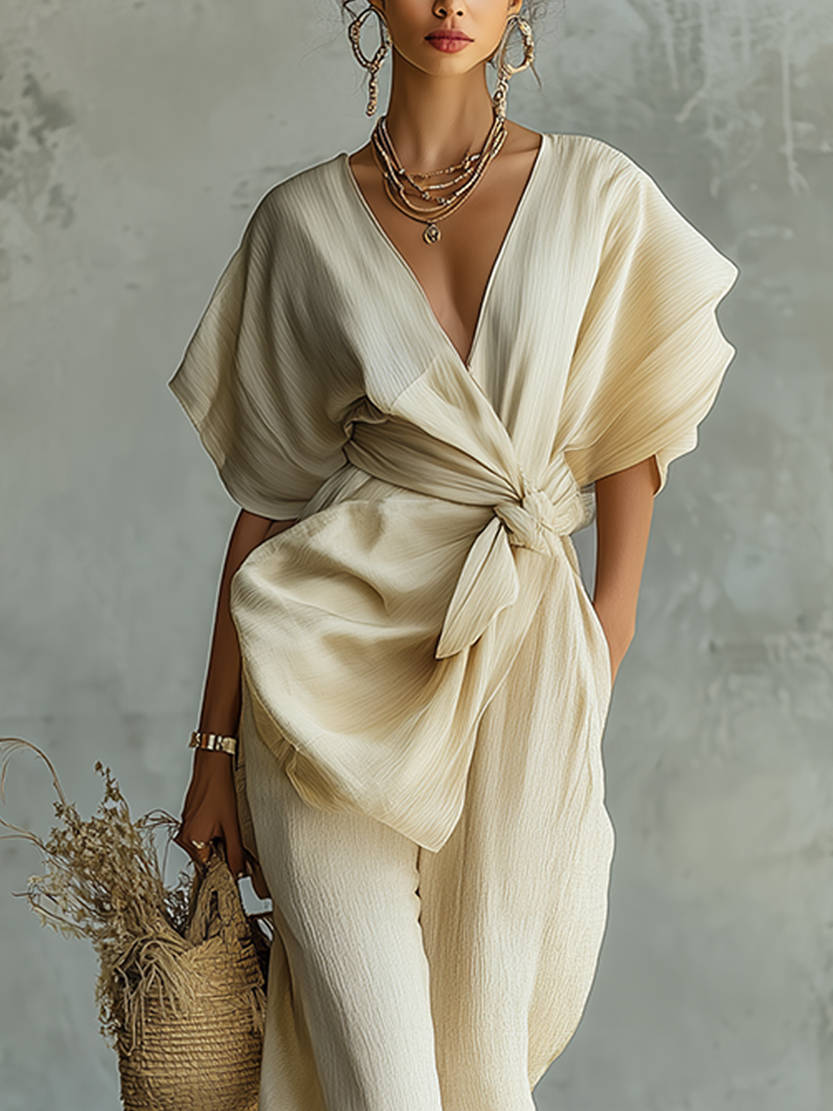 White Pleated Wrap Top And Wide-Leg Pants Set