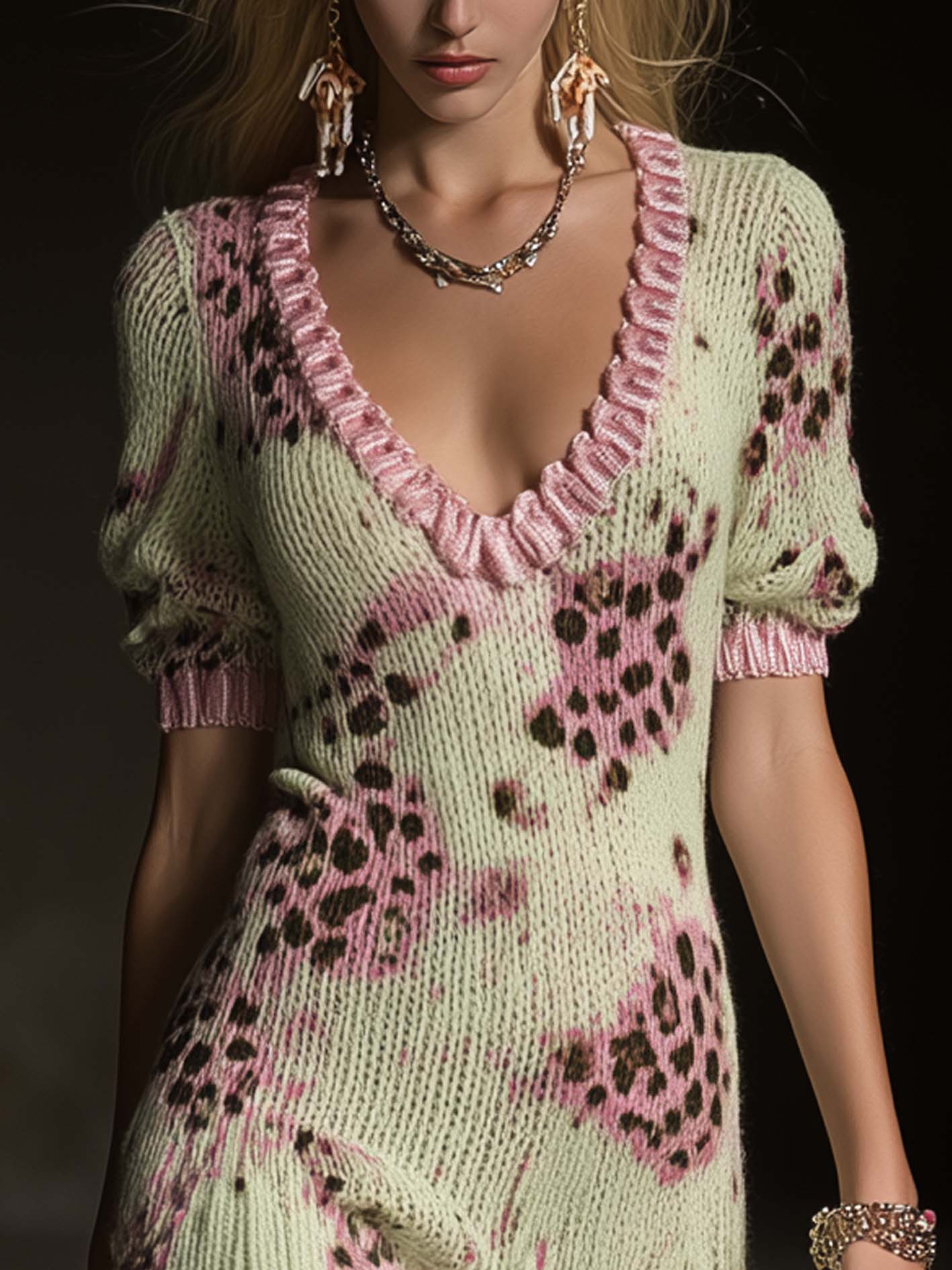 Green Knitted Mini Dress With Pink Leopard Print And Trim