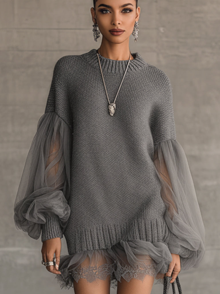 Gray Knit Chiffon Lantern Sleeve Lace Mini Dress