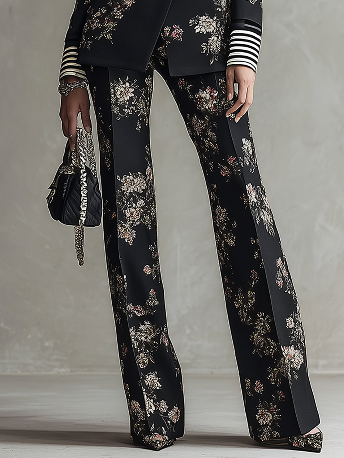 Black Floral Print And Striped Double Breasted Suit