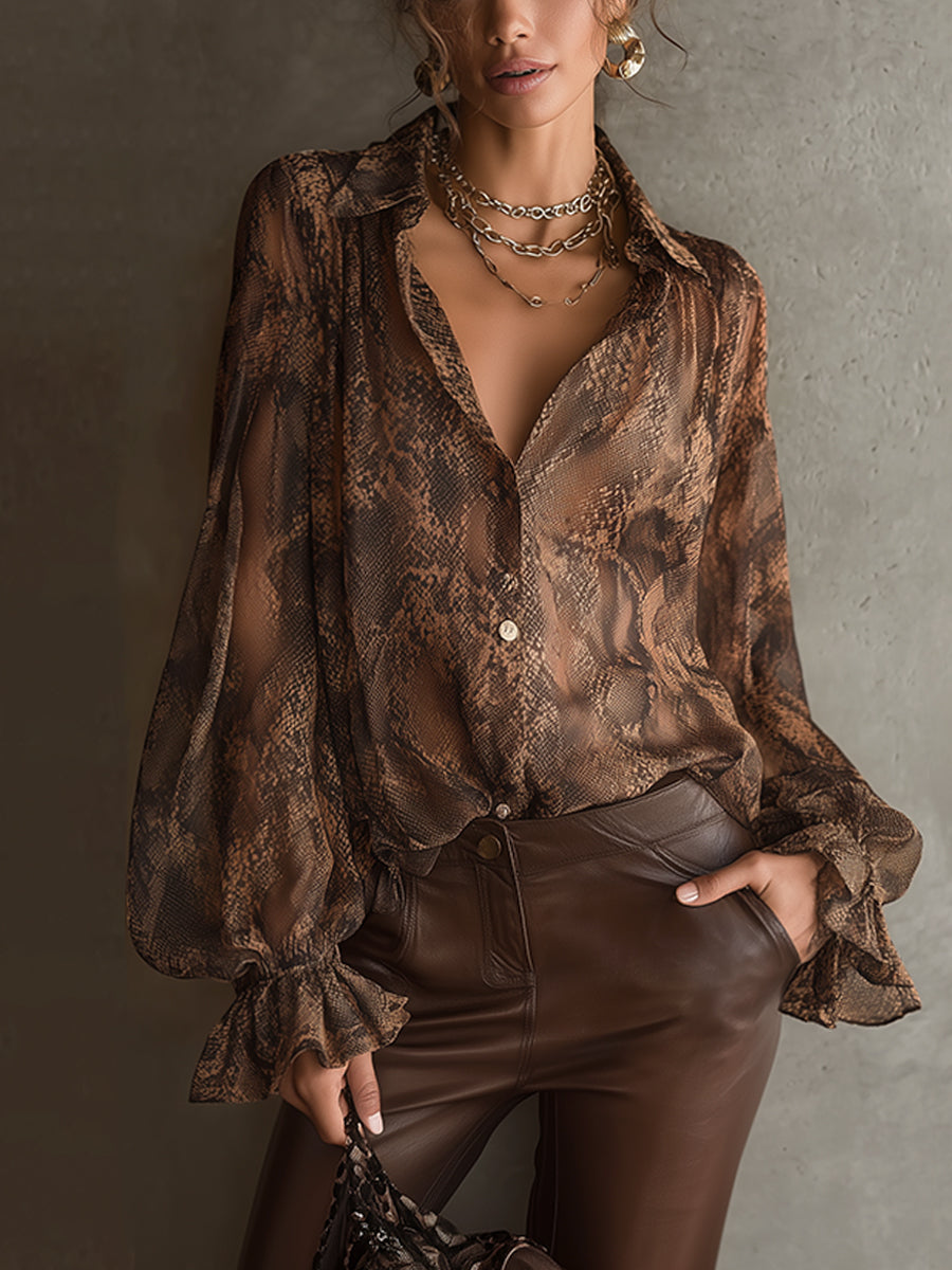 Brown Animal Print Chiffon Relaxed Shirt