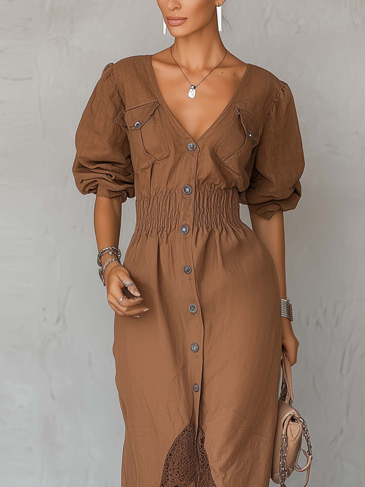 Brown Cotton Linen Maxi Dress With Lace Hem Patchwork