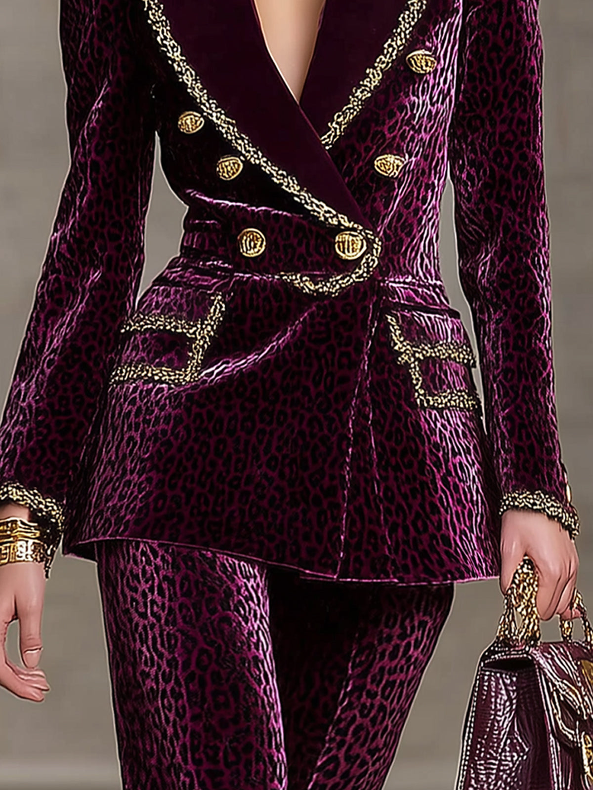 Plum Velvet Leopard Print Double Breasted Blazer