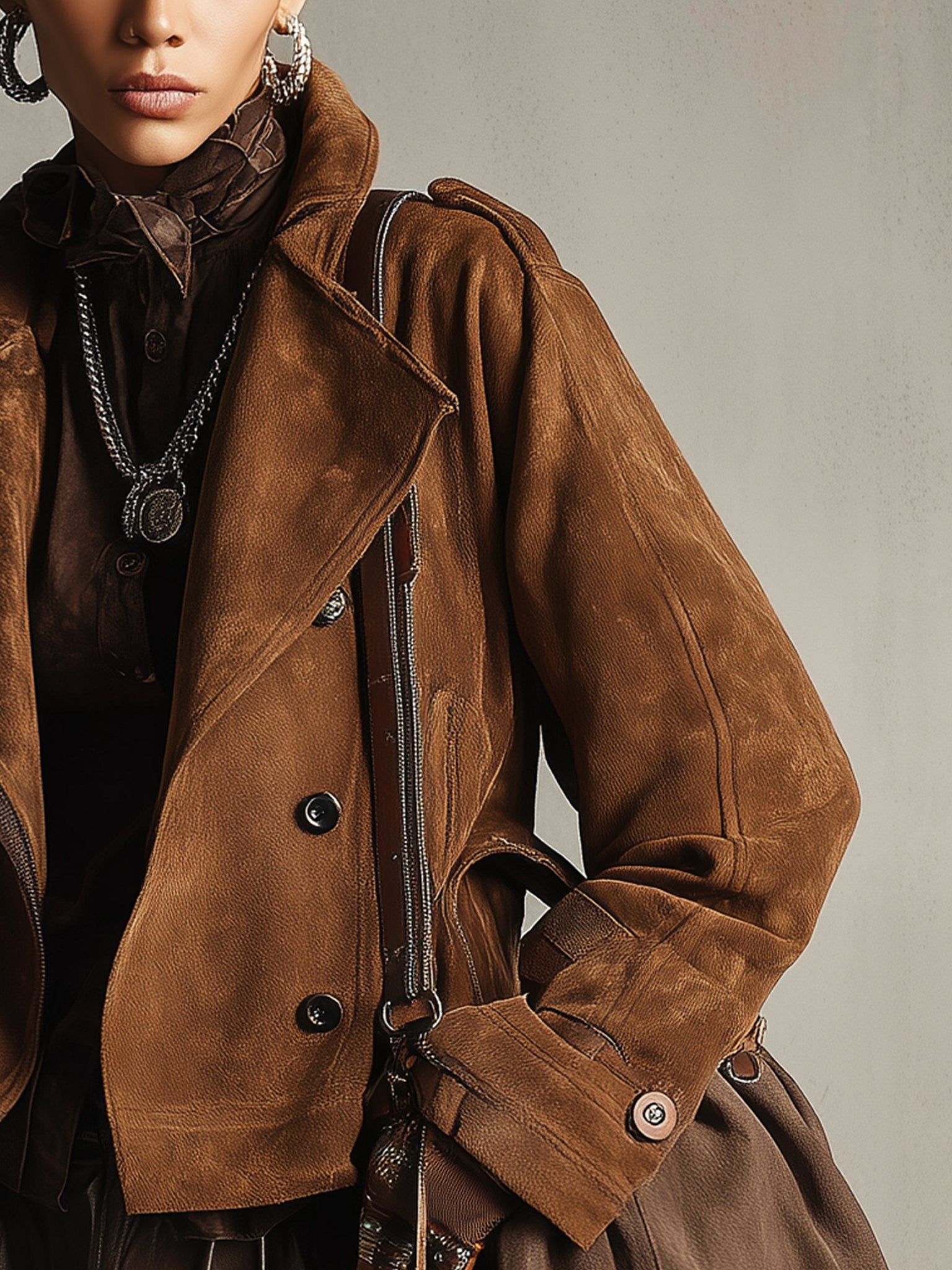 Brown Faux Suede Double Breasted Long Sleeve Jacket