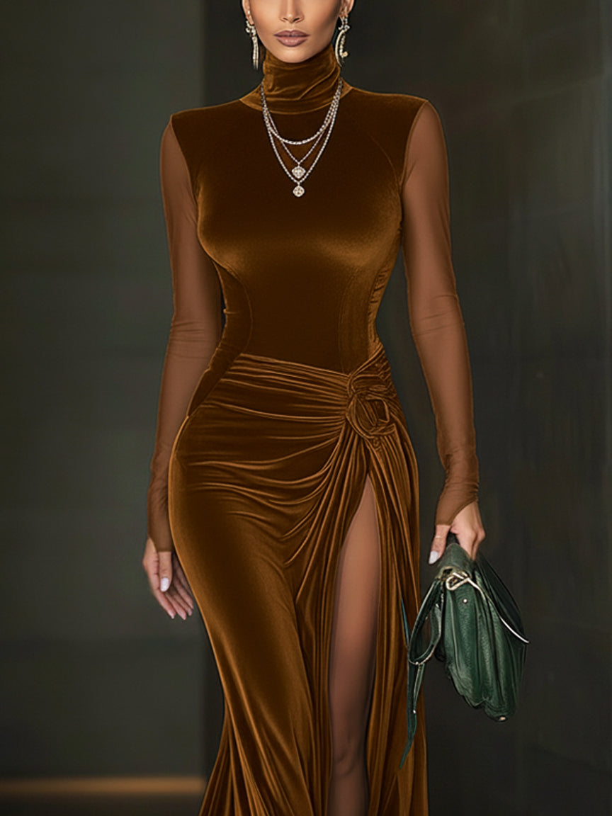 Emerald Green Velvet Mesh Sleeve High Slit Maxi Dress