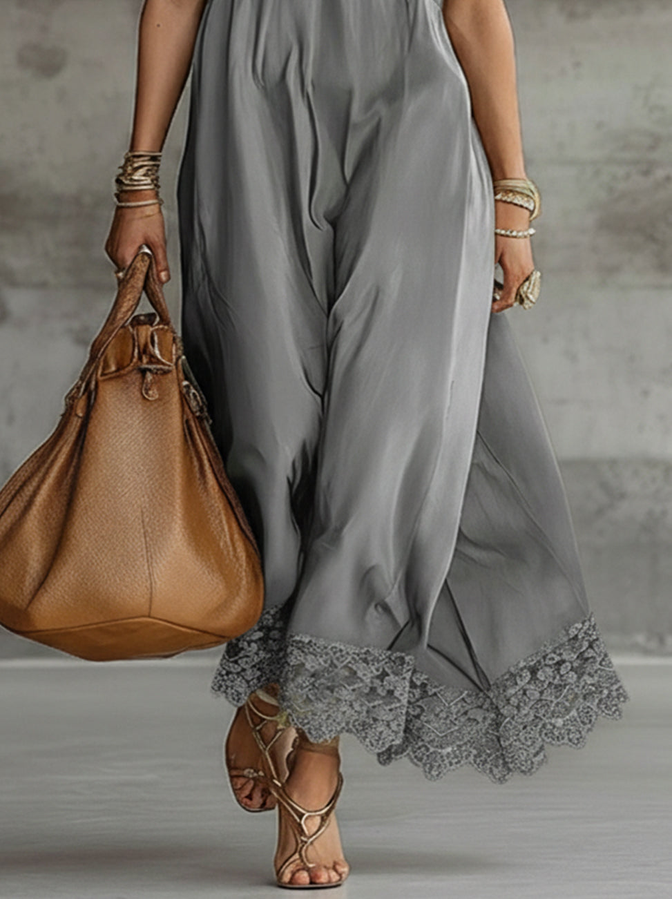 Gray Satin Sleeveless Collared Maxi Dress With Lace Hem