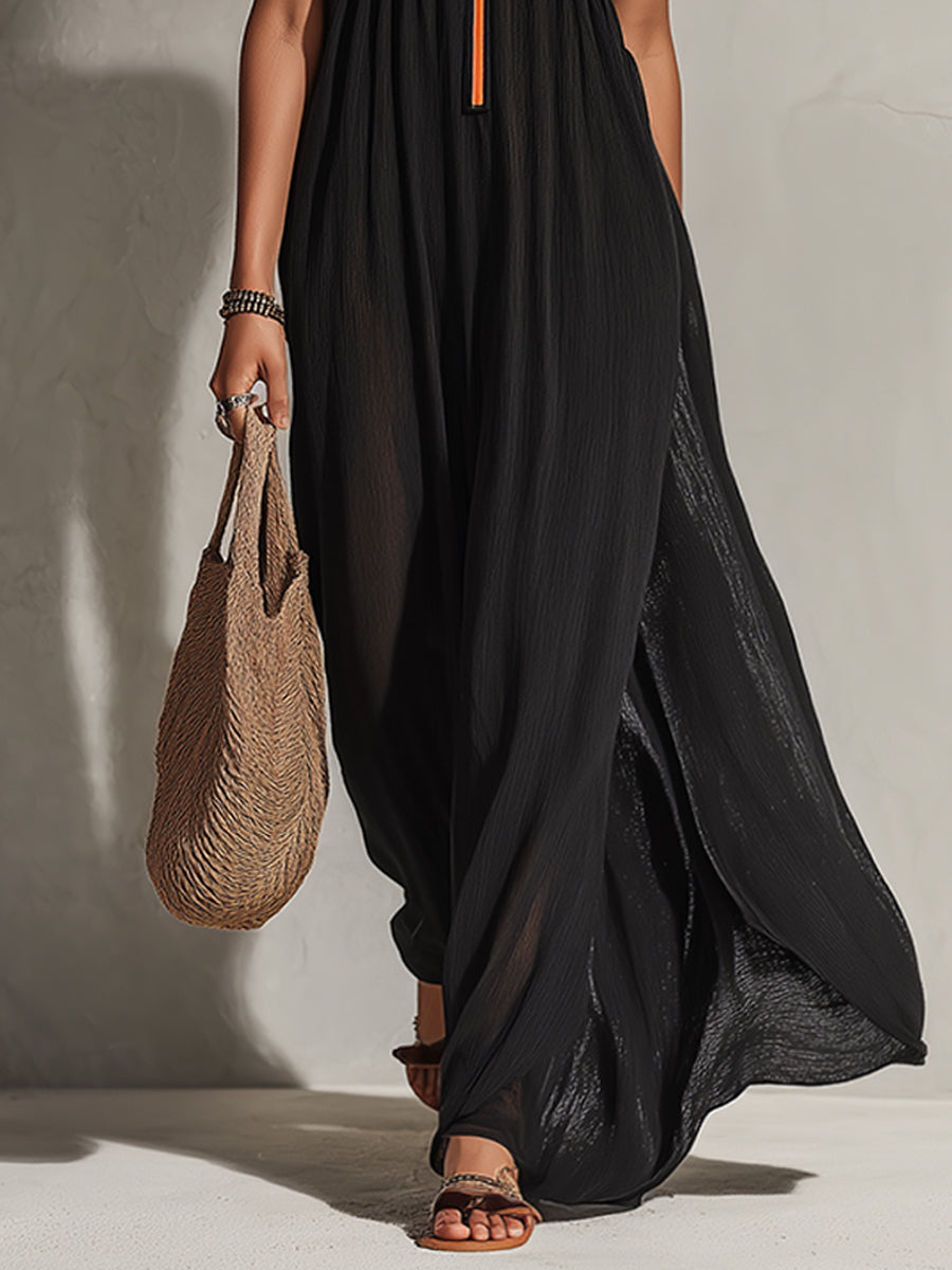 Black Sheer Lightweight Loose Knit Slip Maxi Dress