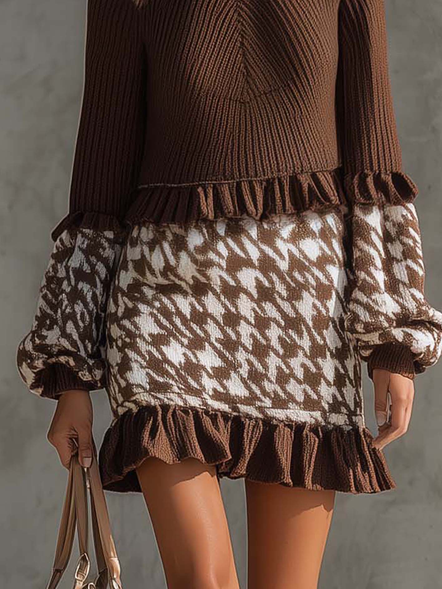 Brown Knit Mini Dress With Houndstooth Pattern And Ruffles