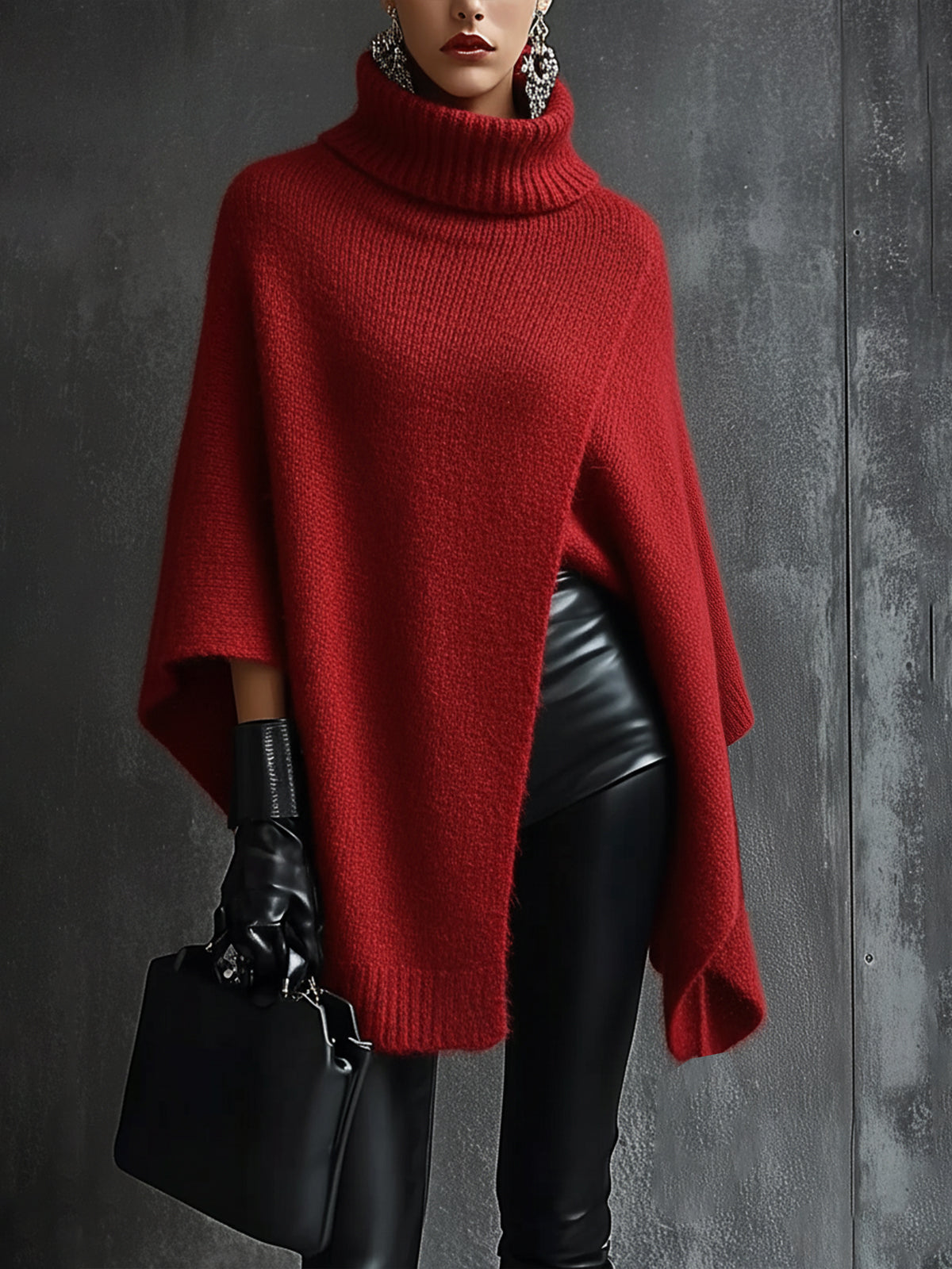 Red Knit Asymmetrical Poncho Sweater