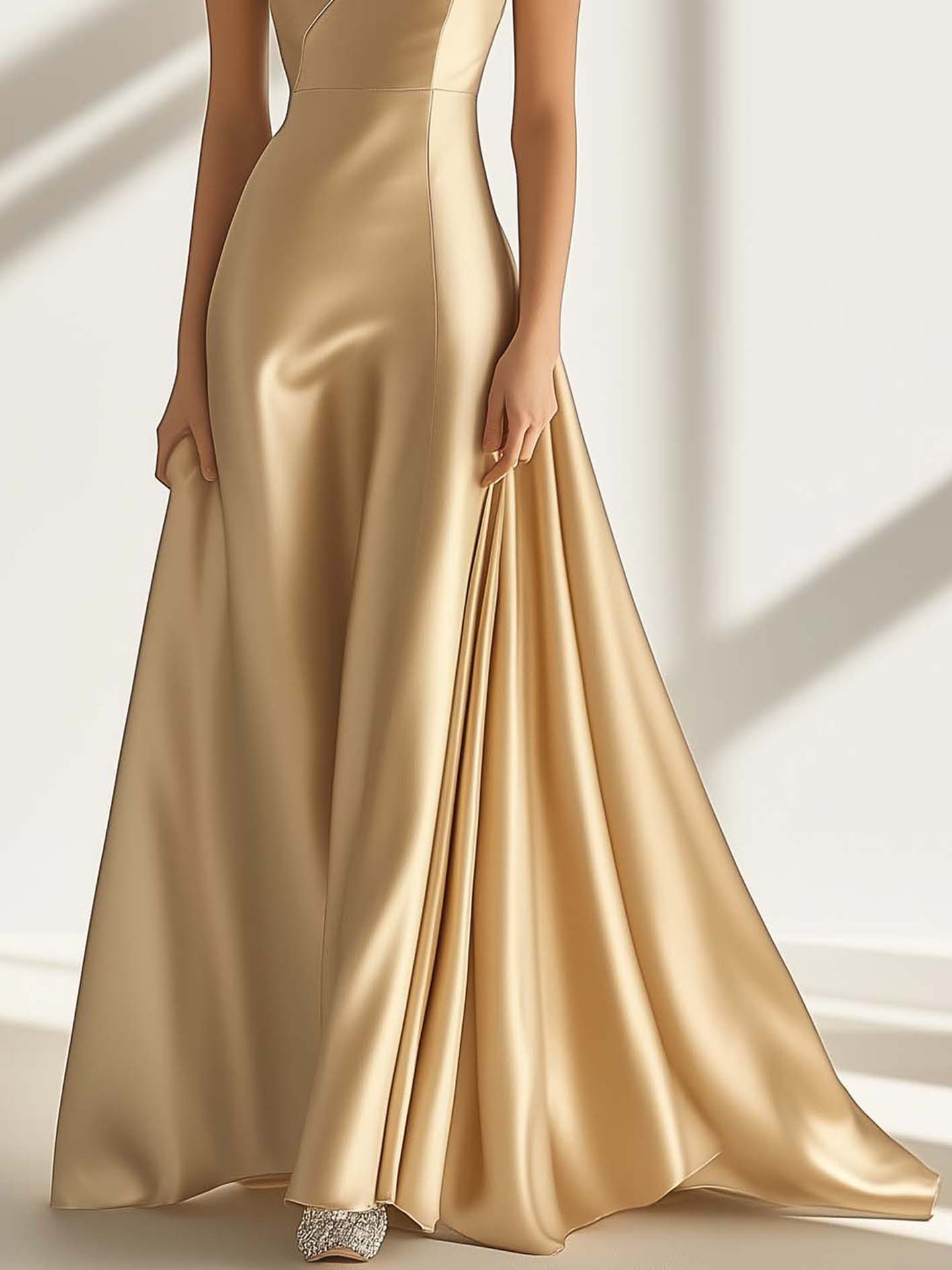 One Shoulder Light Gold Satin Maxi Dress With Bow