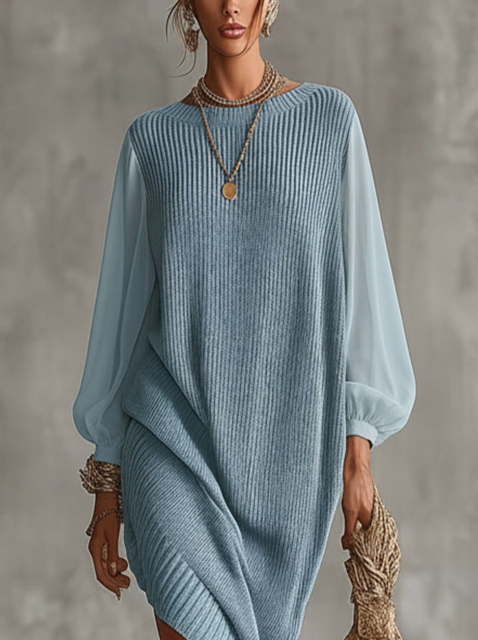 Sky Blue Knit Midi Dress With Chiffon Sleeves